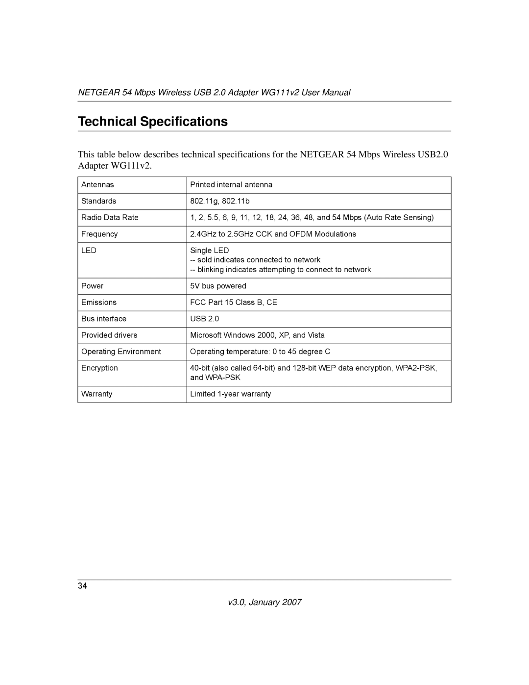 NETGEAR WG111V2 user manual Technical Specifications, Led 