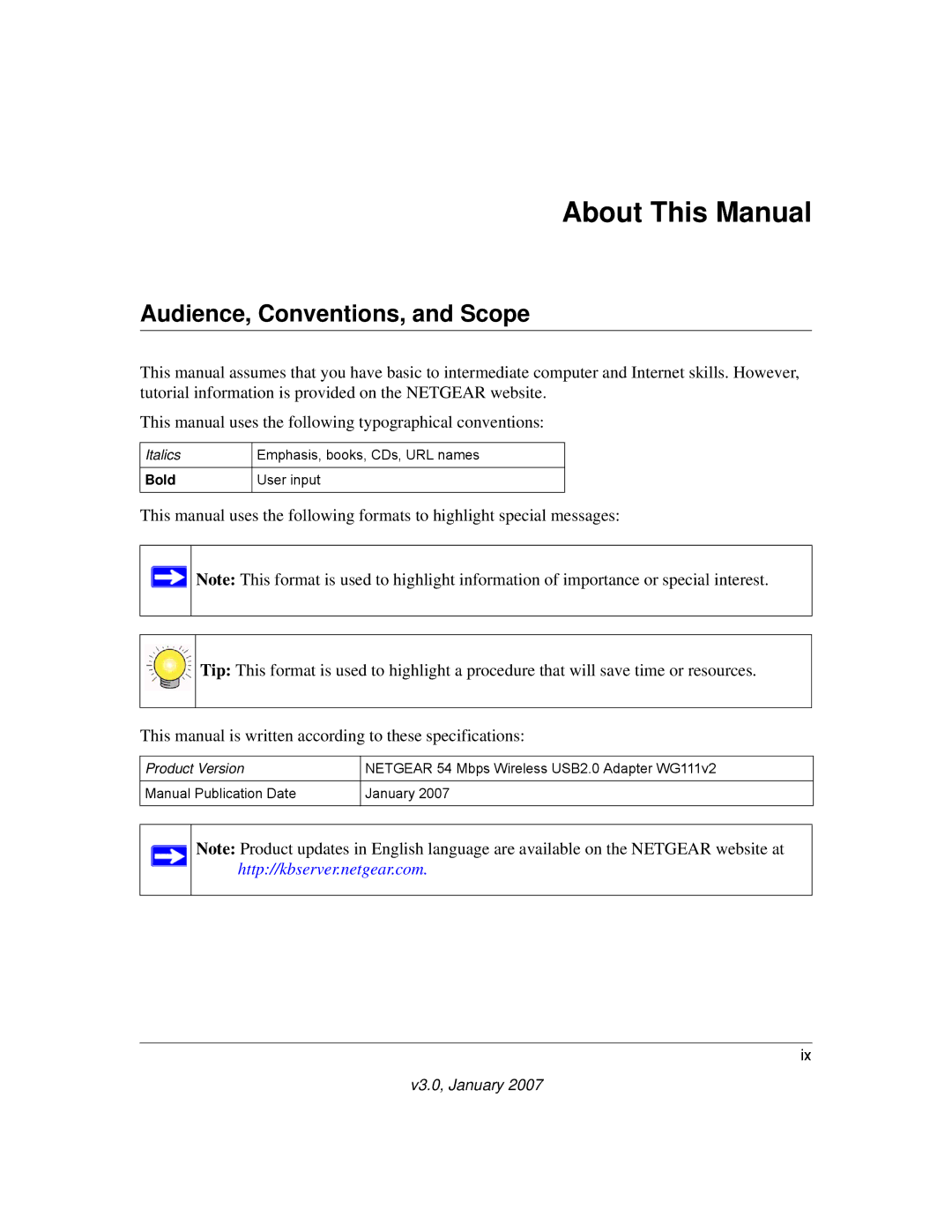 NETGEAR WG111V2 user manual About This Manual, Audience, Conventions, and Scope 