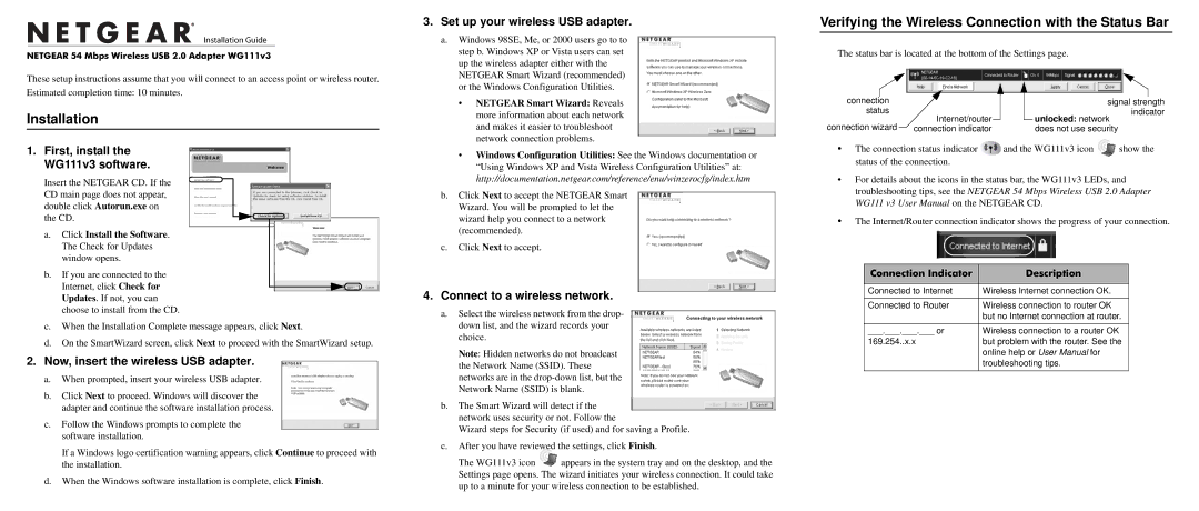 NETGEAR WG111v3 user manual Installation, Verifying the Wireless Connection with the Status Bar 