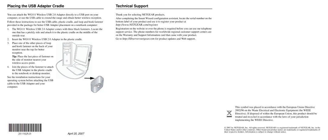 NETGEAR WG111v3 user manual Placing the USB Adapter Cradle, Technical Support 