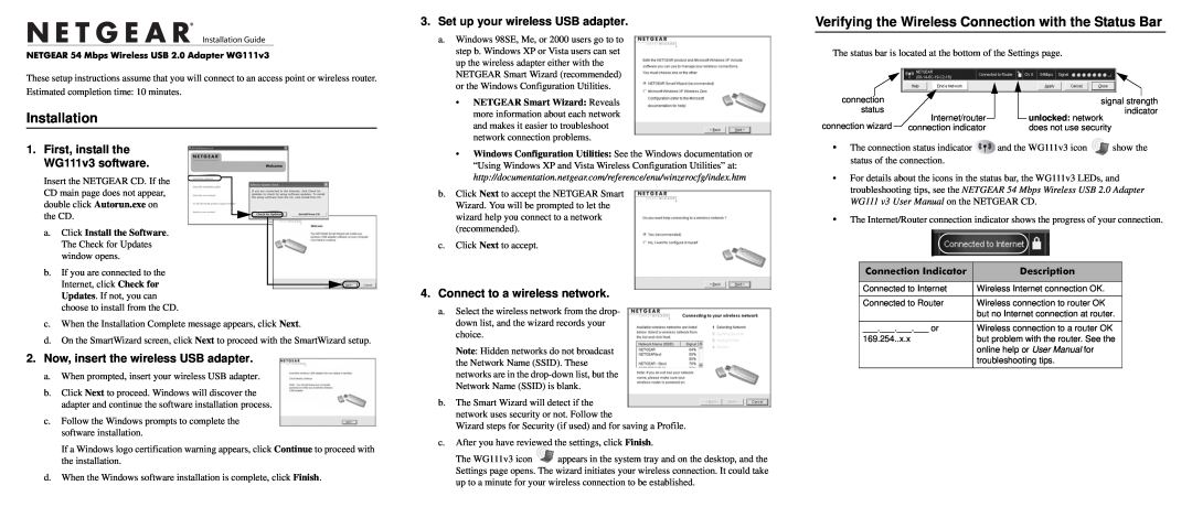 NETGEAR WG111v3 user manual Installation, Verifying the Wireless Connection with the Status Bar, Connection Indicator 