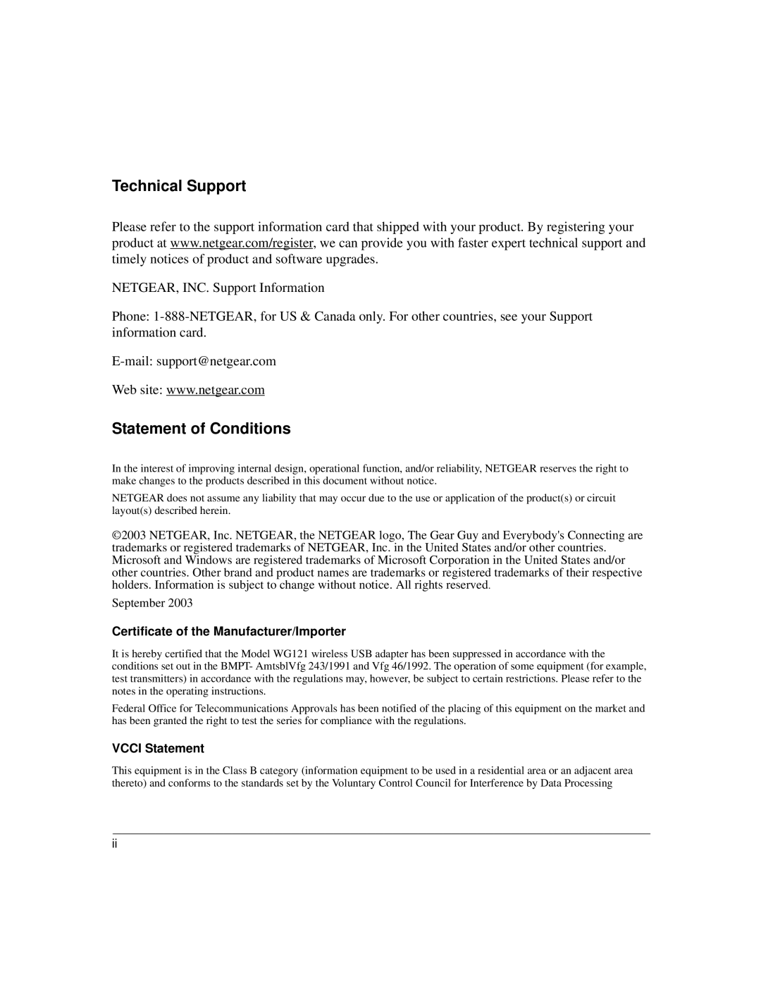 NETGEAR WG121 user manual Technical Support 