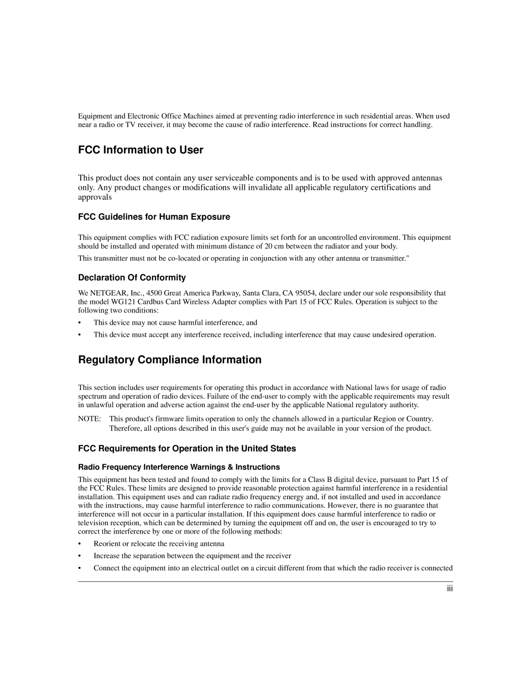 NETGEAR WG121 user manual FCC Information to User 