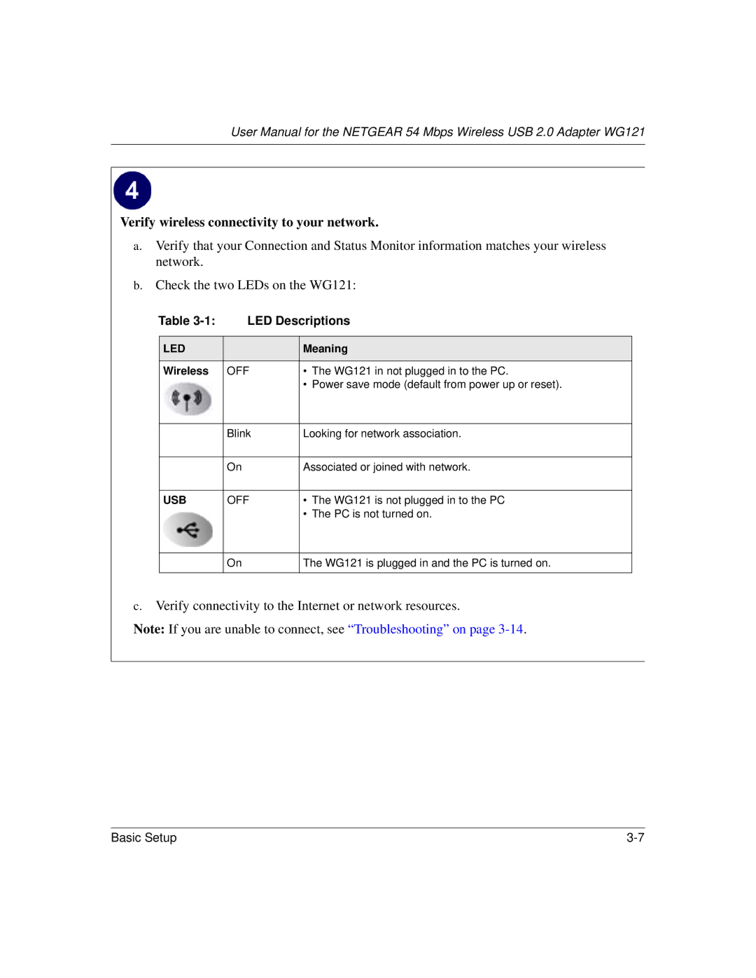 NETGEAR WG121 user manual Verify wireless connectivity to your network, LED Descriptions 