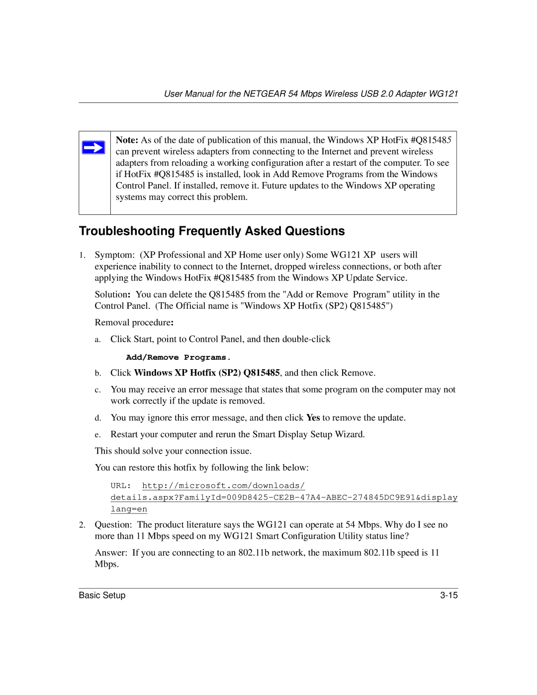 NETGEAR WG121 Troubleshooting Frequently Asked Questions, Click Windows XP Hotfix SP2 Q815485, and then click Remove 