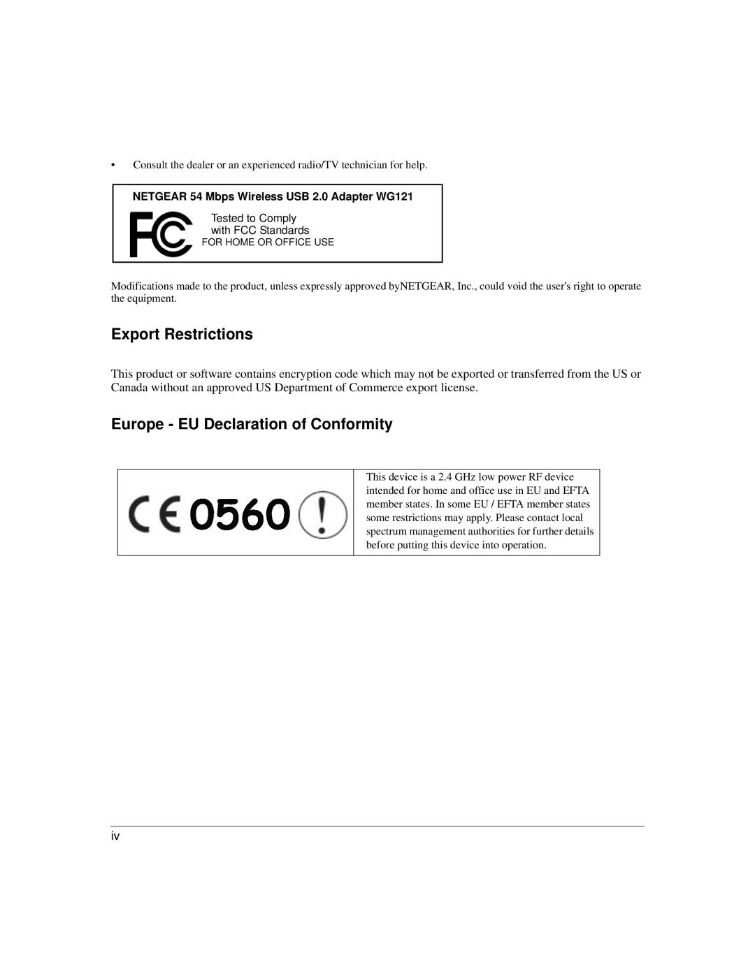 NETGEAR WG121 user manual Export Restrictions 