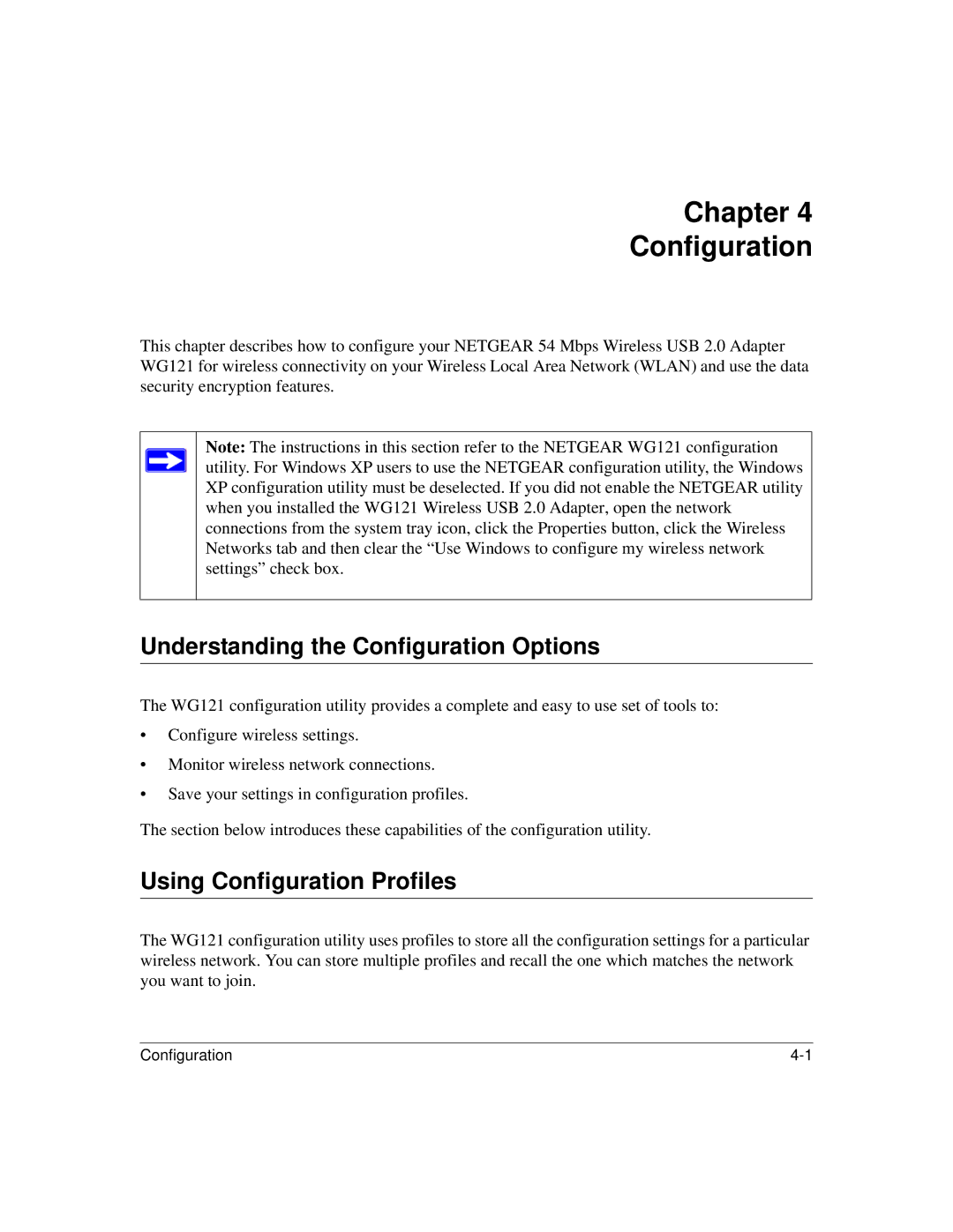 NETGEAR WG121 user manual Chapter Configuration, Understanding the Configuration Options, Using Configuration Profiles 