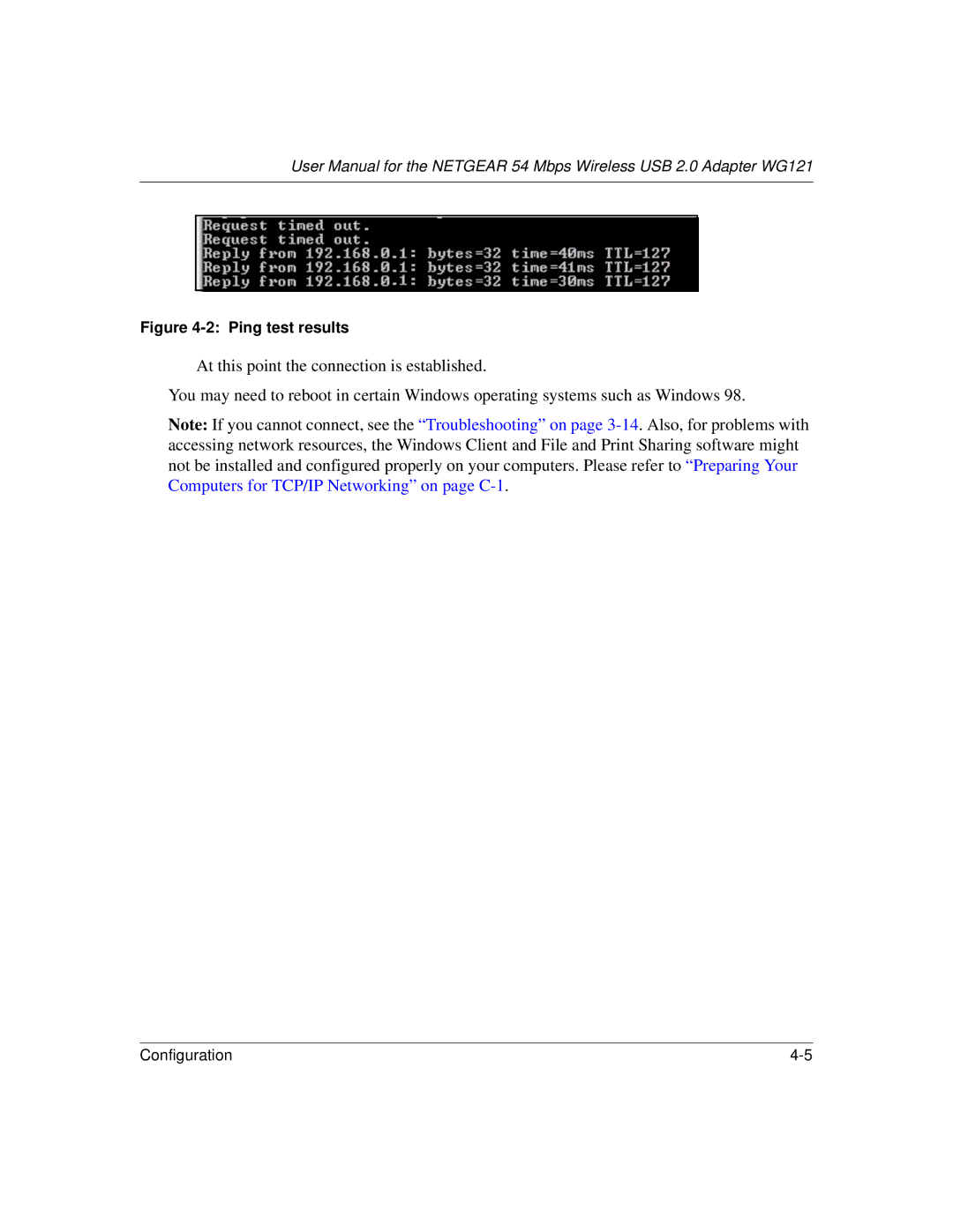 NETGEAR WG121 user manual Ping test results 