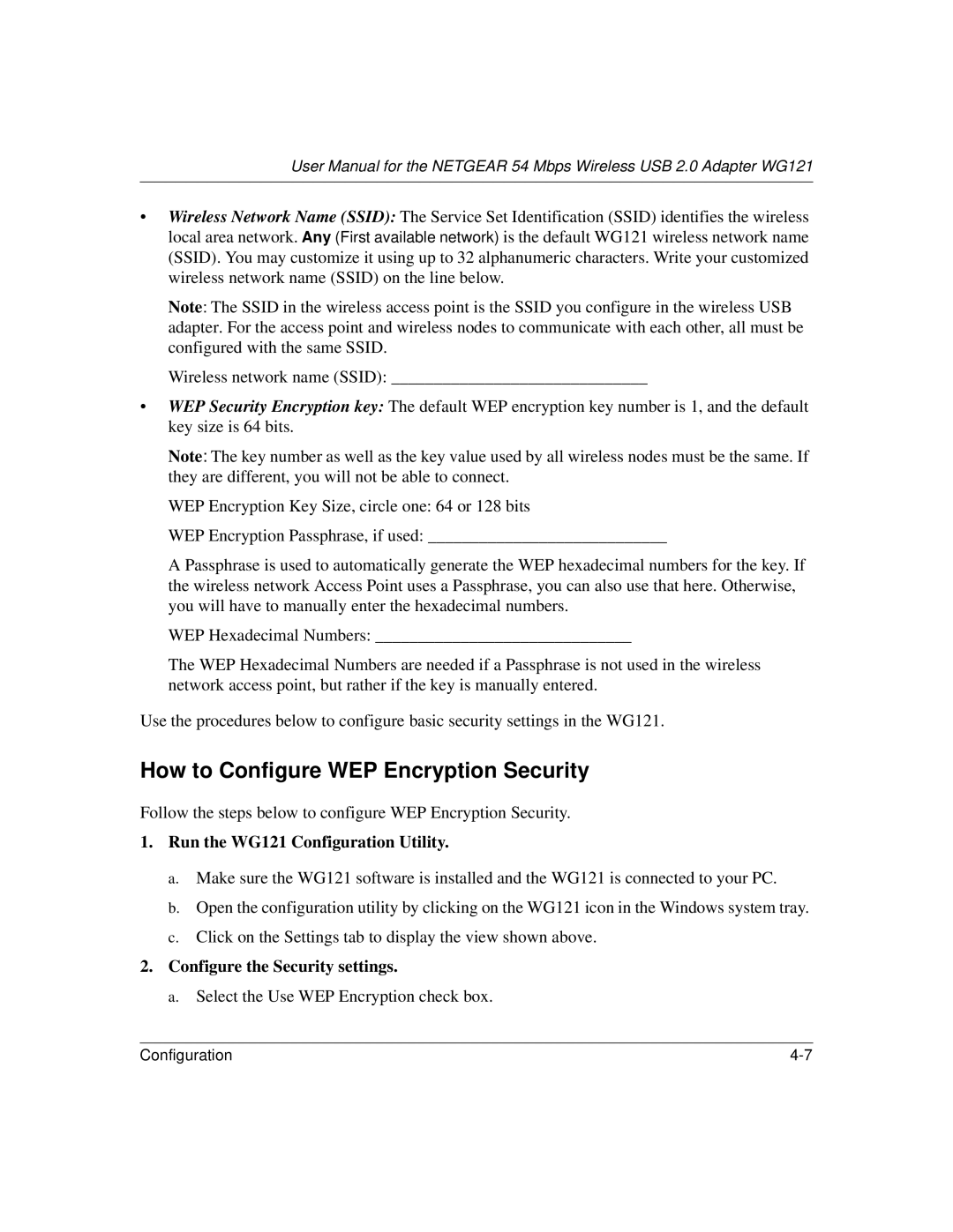 NETGEAR WG121 user manual How to Configure WEP Encryption Security, Configure the Security settings 