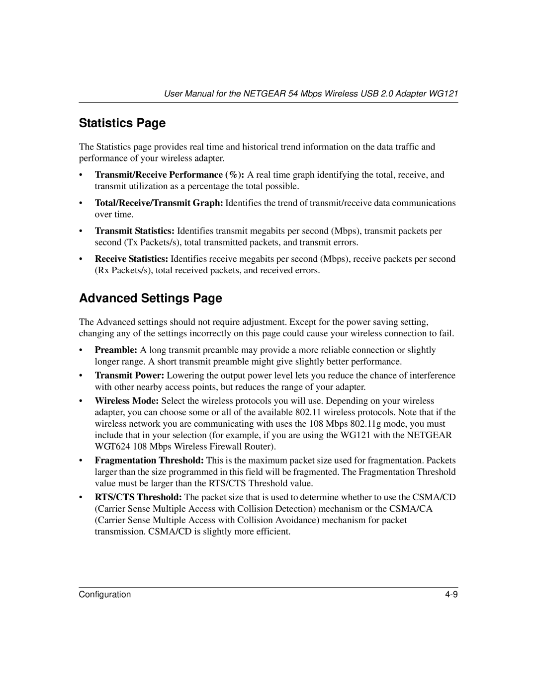 NETGEAR WG121 user manual Statistics, Advanced Settings 