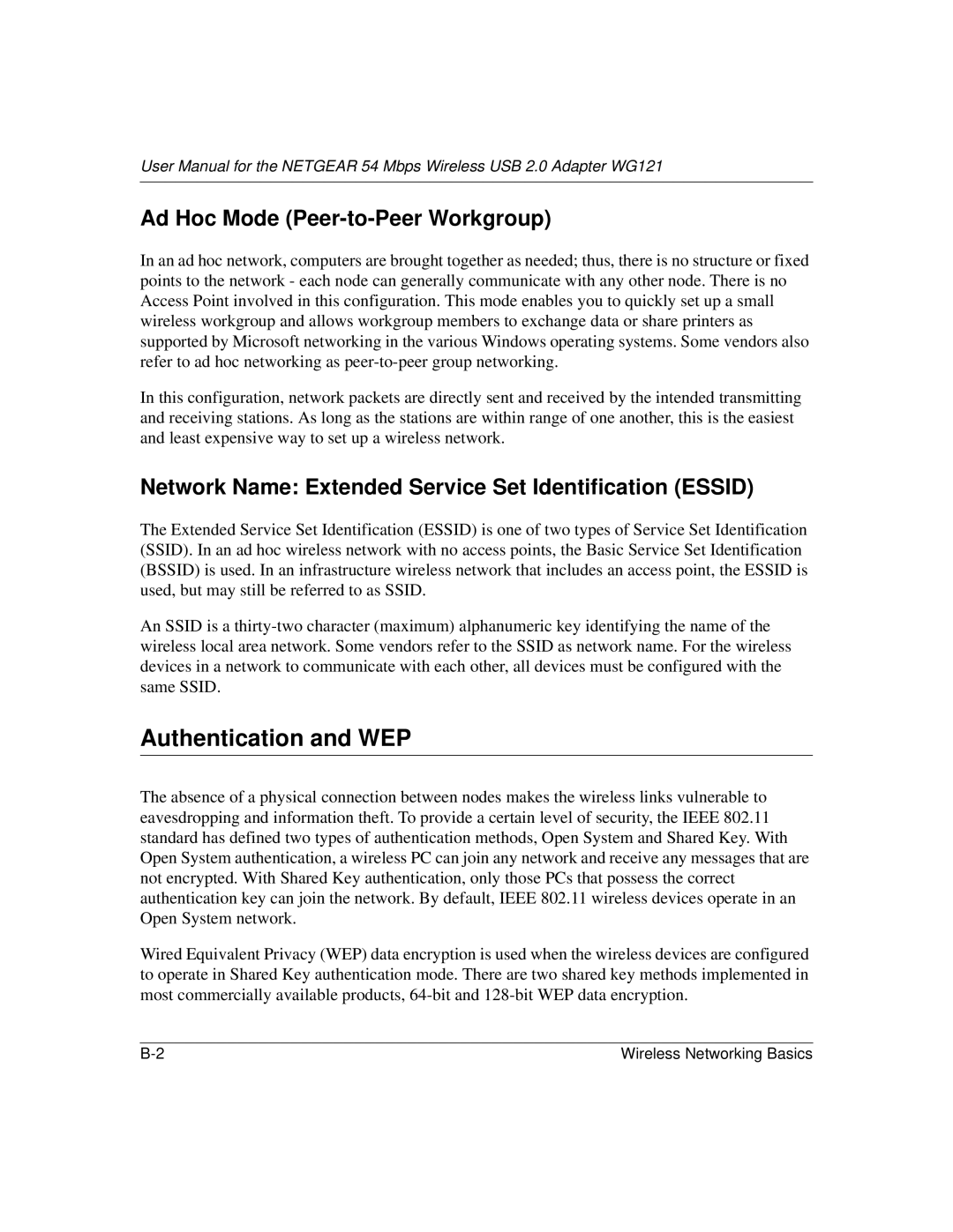 NETGEAR WG121 user manual Authentication and WEP, Ad Hoc Mode Peer-to-Peer Workgroup 