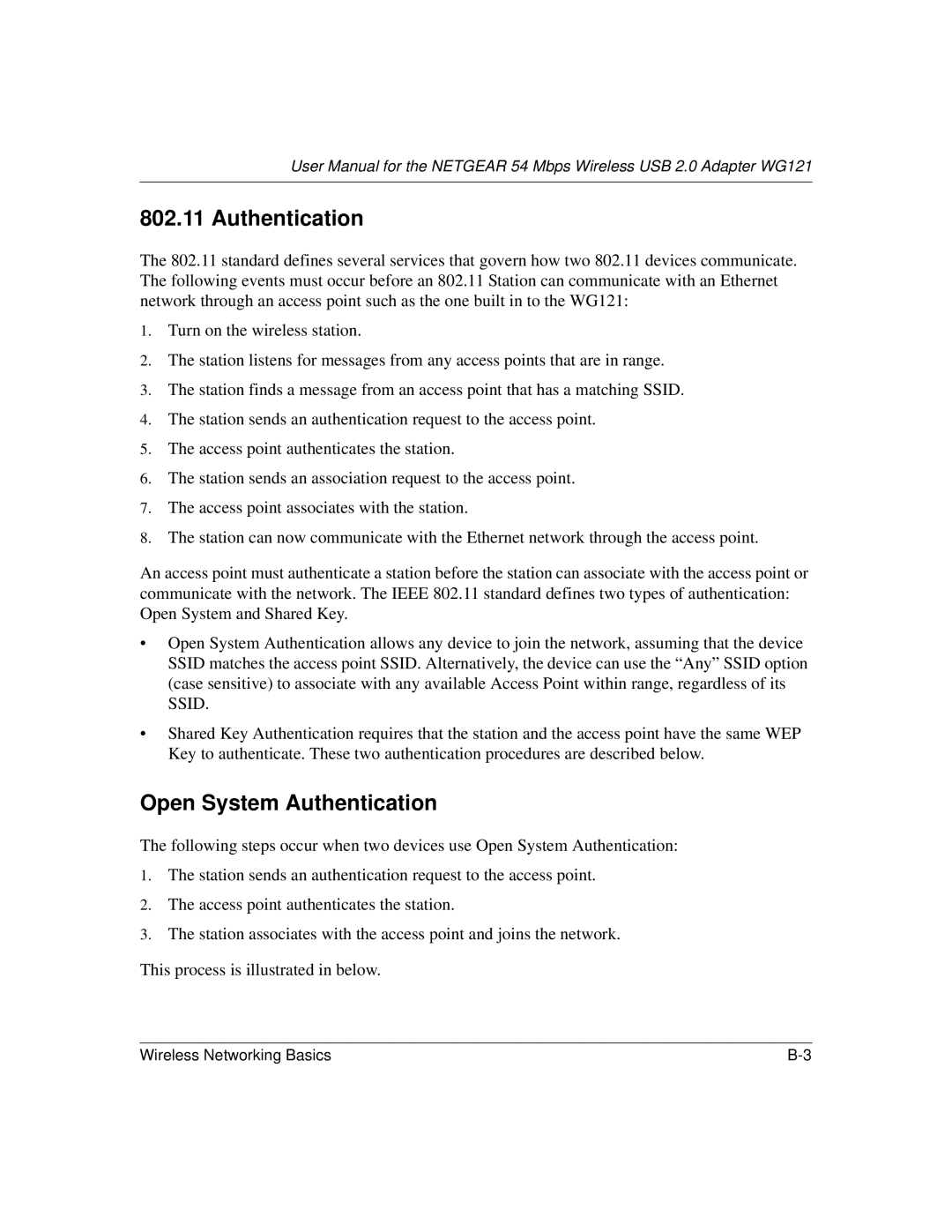 NETGEAR WG121 user manual Open System Authentication 