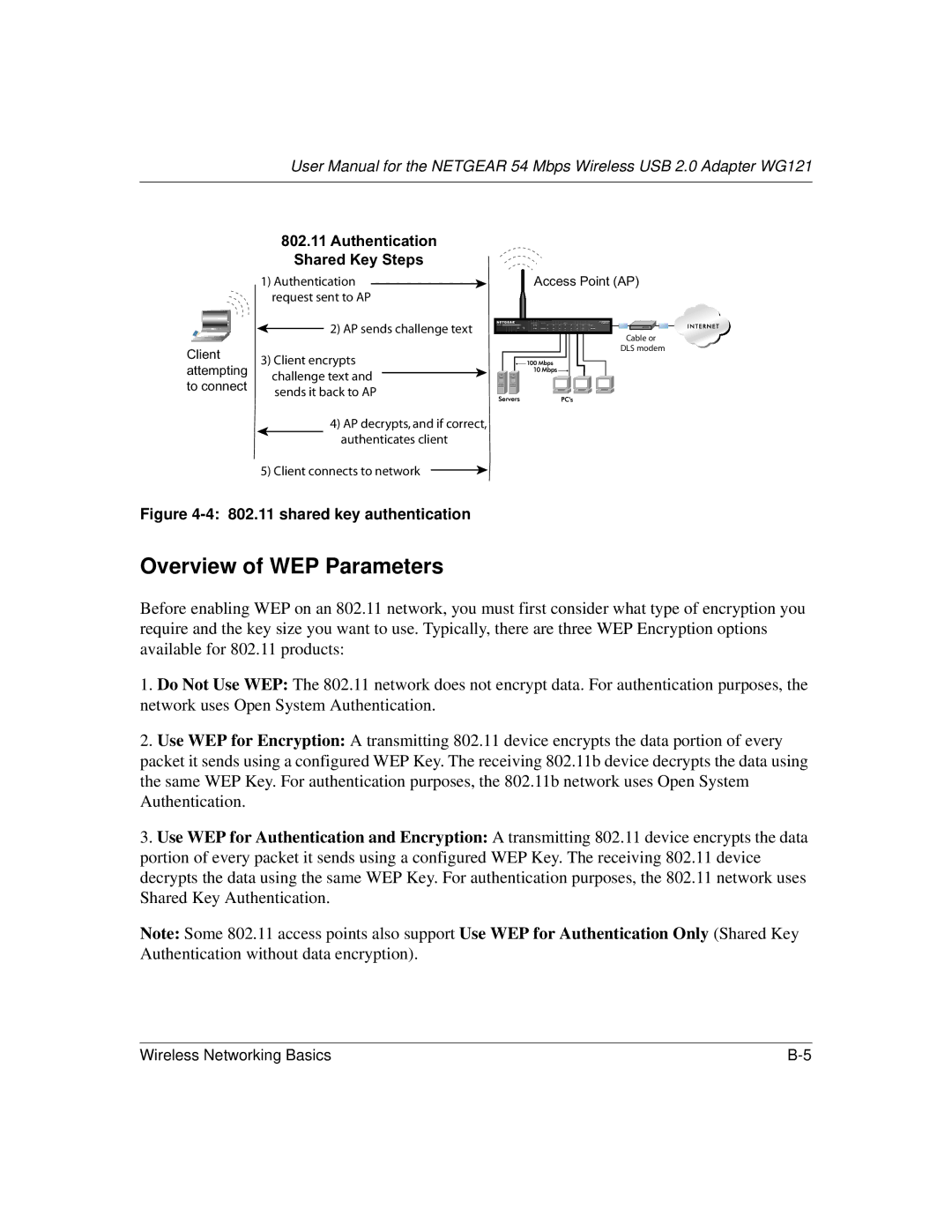 NETGEAR WG121 user manual Do Not Use WEP, Authentication Shared Key Steps 