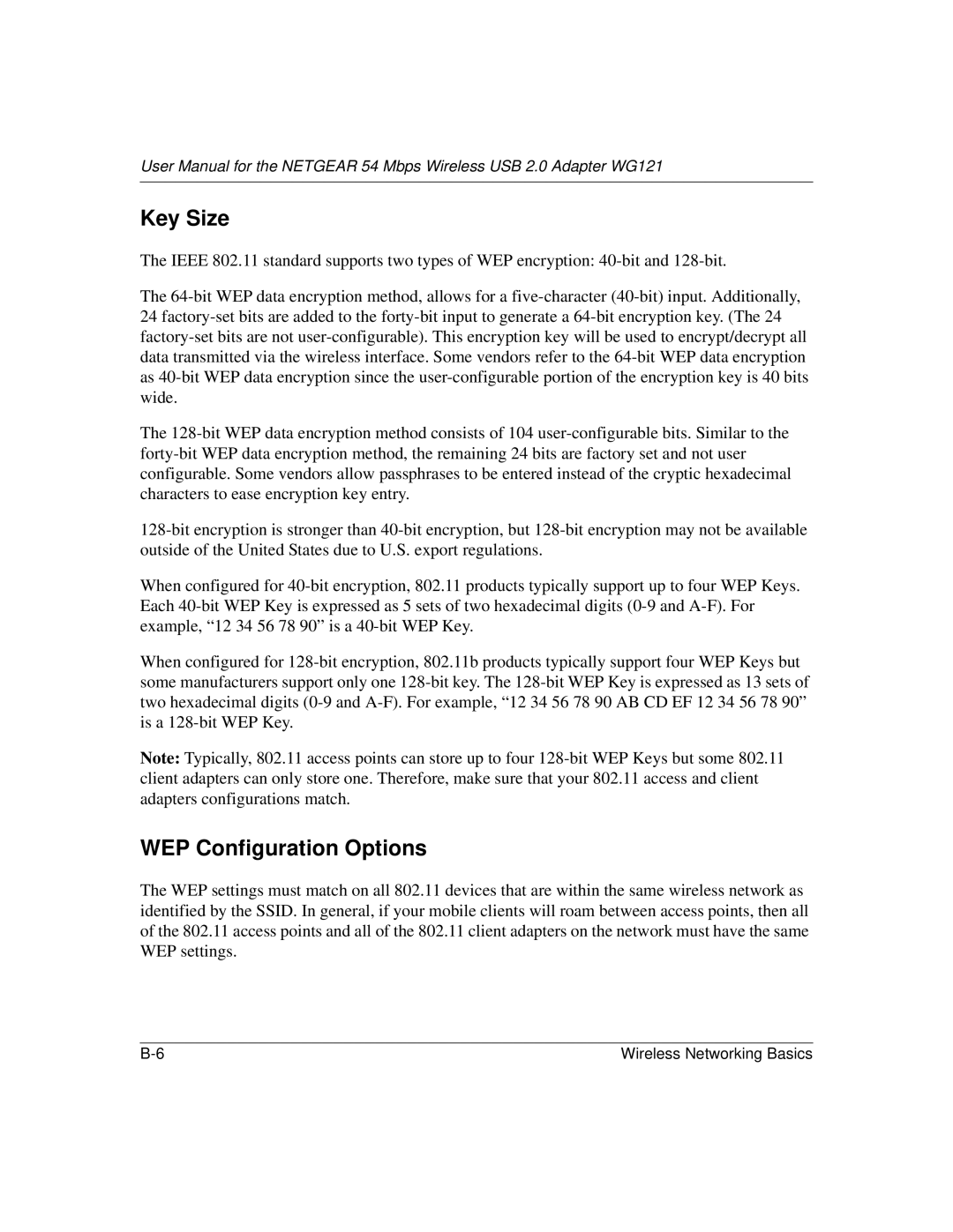 NETGEAR WG121 user manual Key Size, WEP Configuration Options 