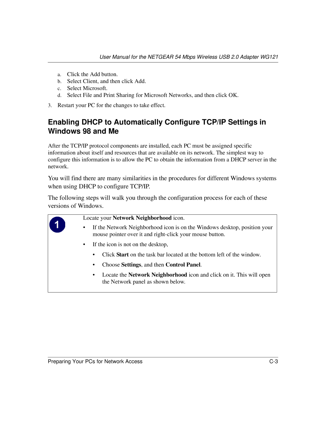 NETGEAR WG121 user manual Locate your Network Neighborhood icon, Choose Settings, and then Control Panel 