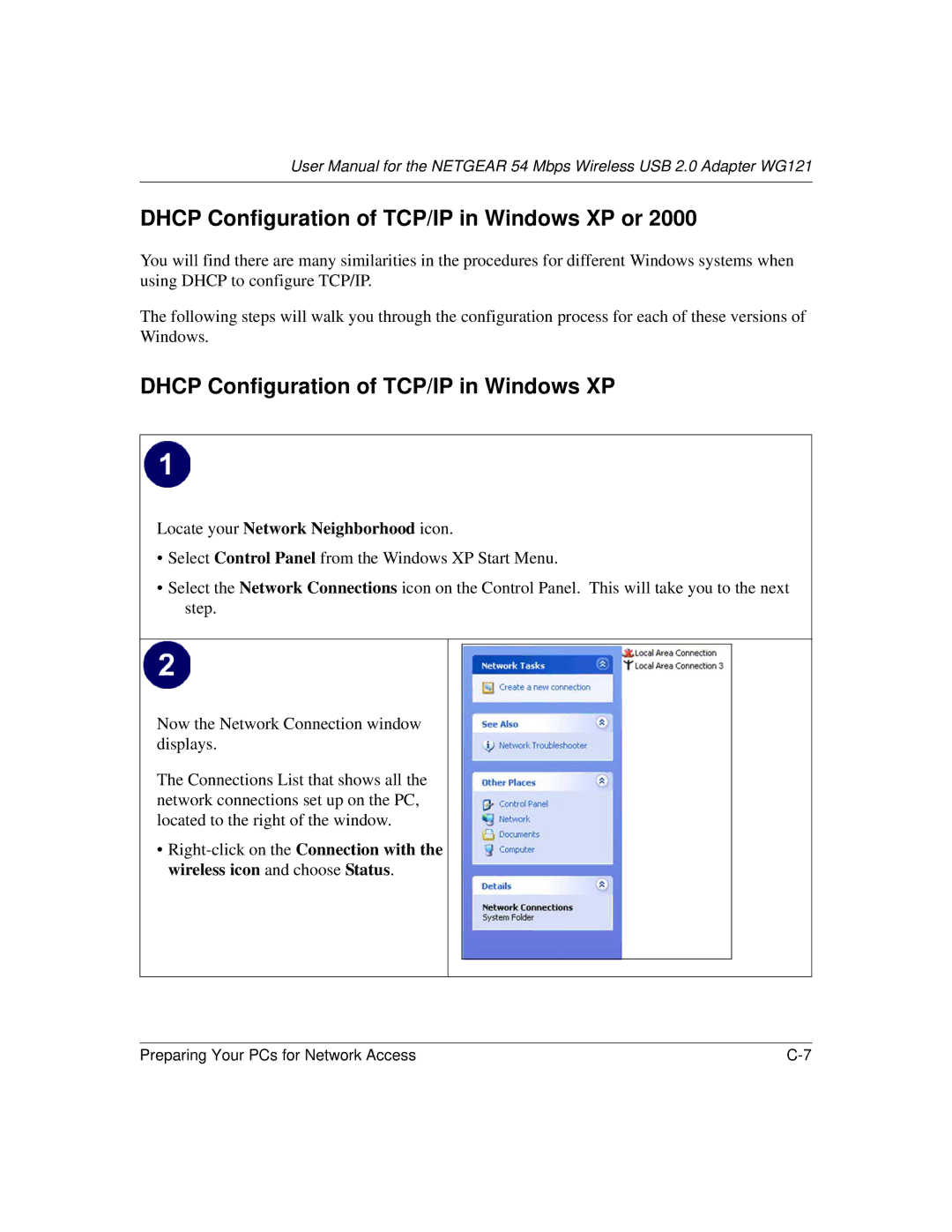 NETGEAR WG121 user manual Dhcp Configuration of TCP/IP in Windows XP or 