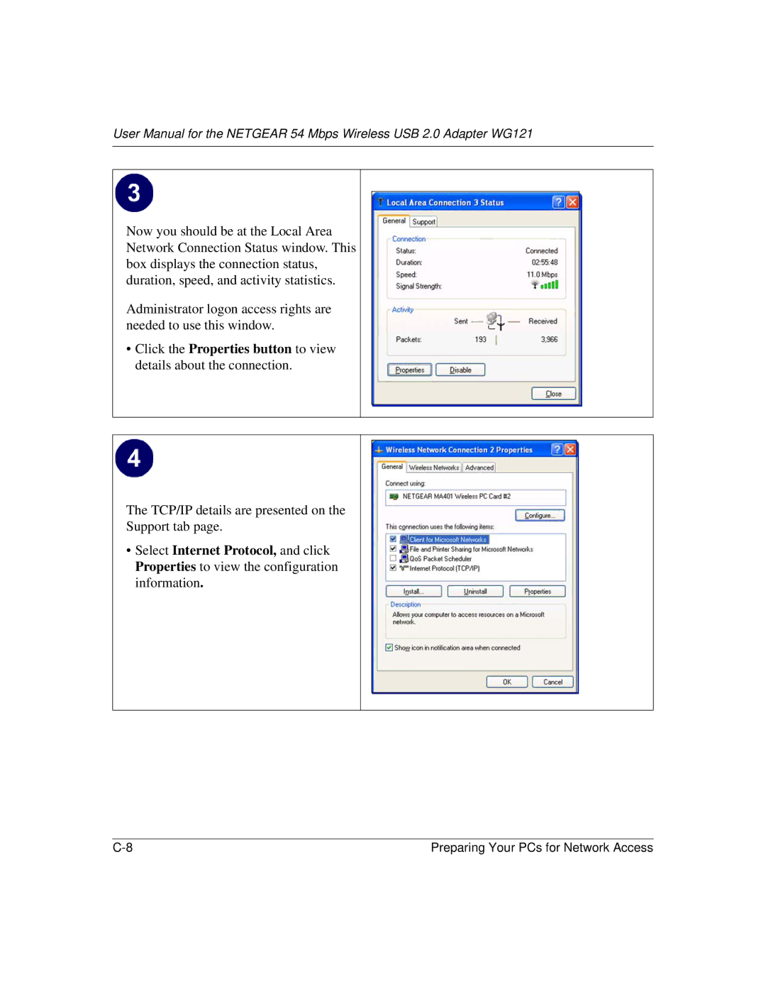 NETGEAR WG121 user manual TCP/IP details are presented on Support tab 