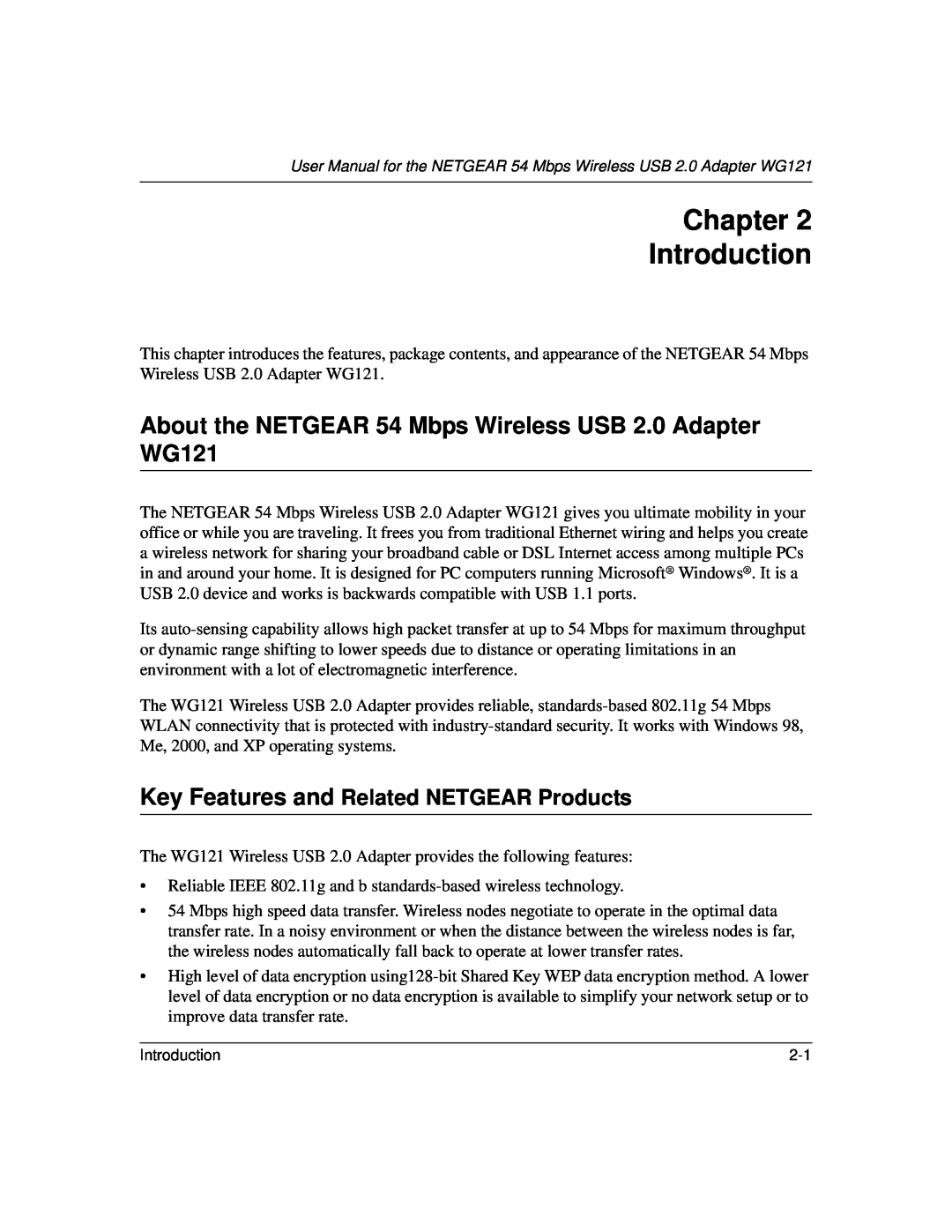 NETGEAR user manual Chapter Introduction, About the NETGEAR 54 Mbps Wireless USB 2.0 Adapter WG121 