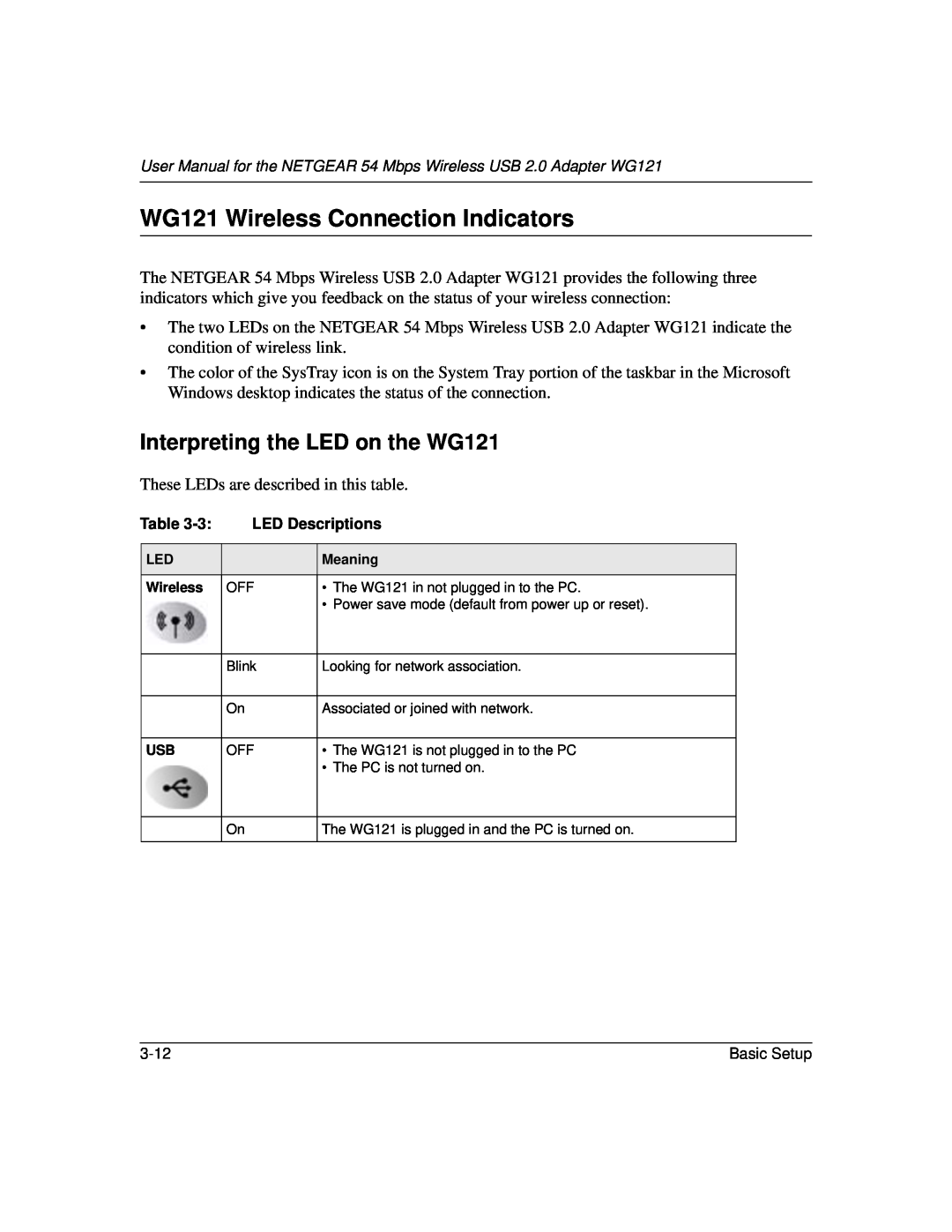 NETGEAR user manual WG121 Wireless Connection Indicators, Interpreting the LED on the WG121 
