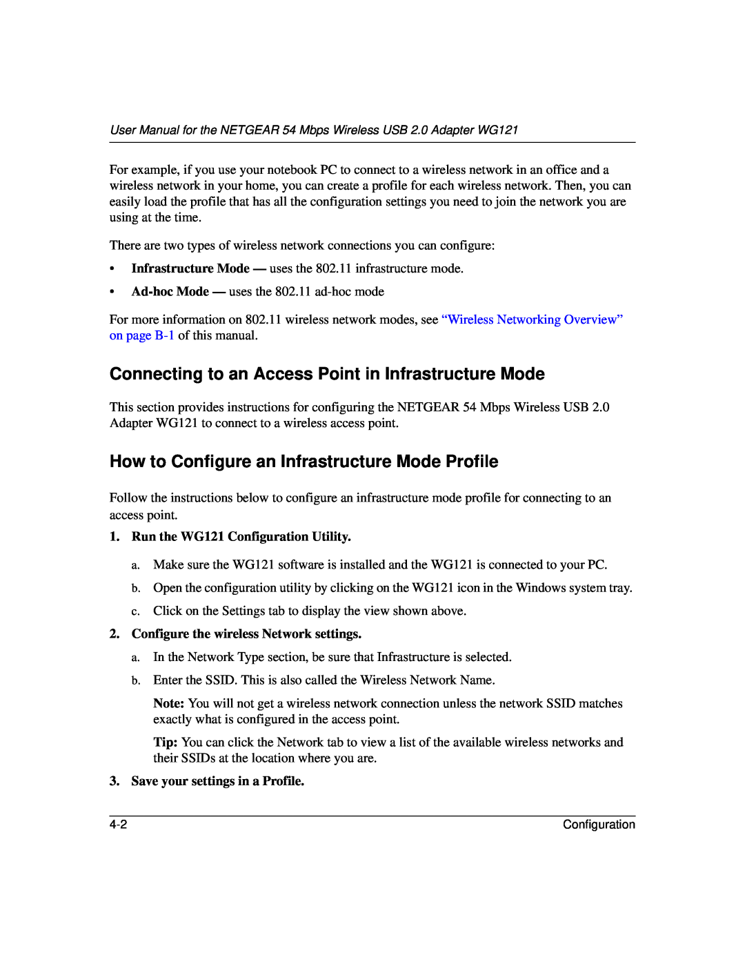 NETGEAR WG121 Connecting to an Access Point in Infrastructure Mode, How to Configure an Infrastructure Mode Profile 