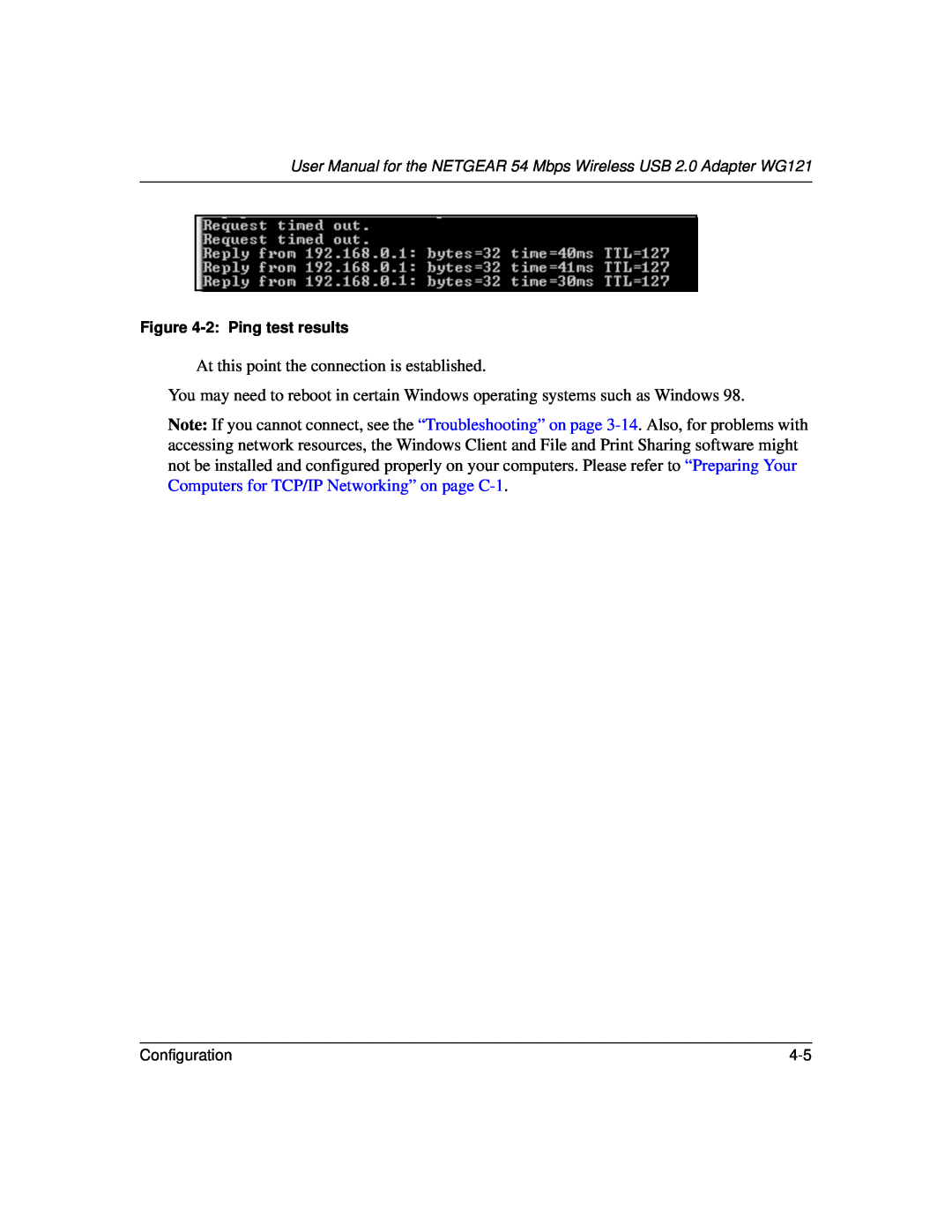 NETGEAR WG121 user manual 2 Ping test results 