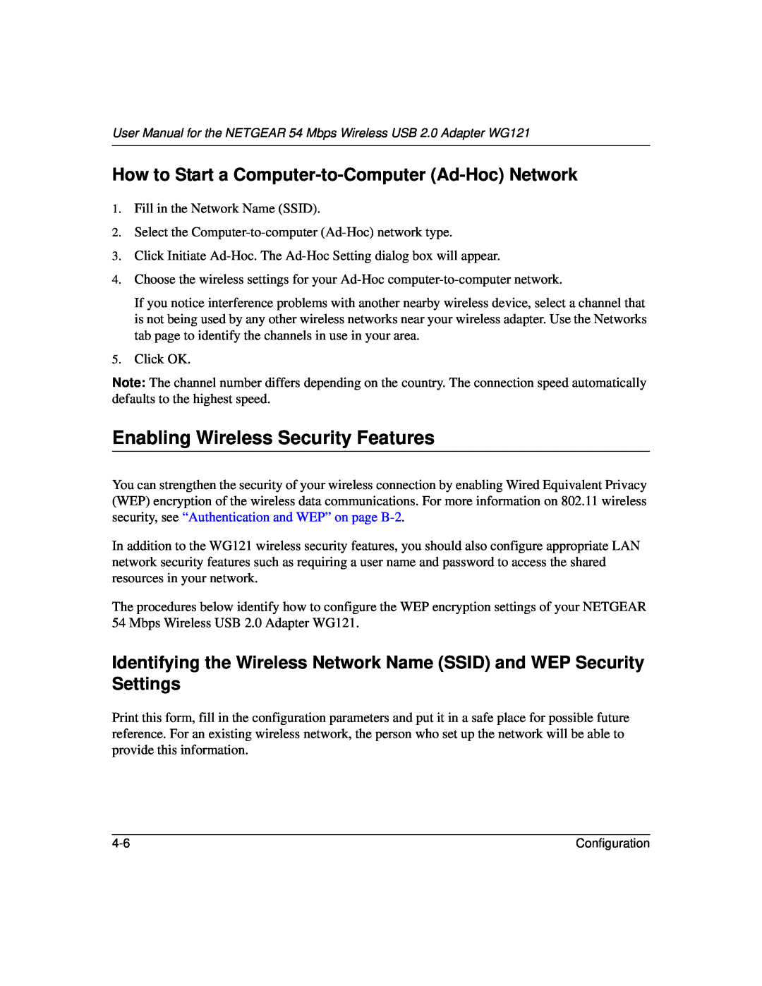 NETGEAR WG121 user manual Enabling Wireless Security Features, How to Start a Computer-to-Computer Ad-Hoc Network 