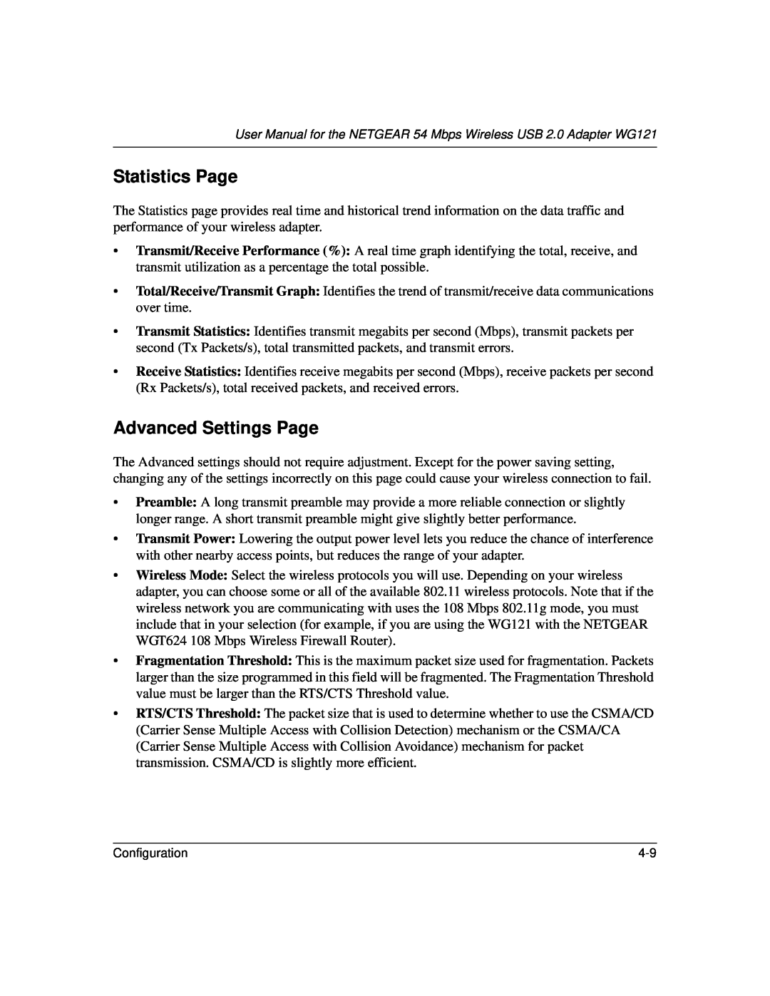 NETGEAR WG121 user manual Statistics Page, Advanced Settings Page 