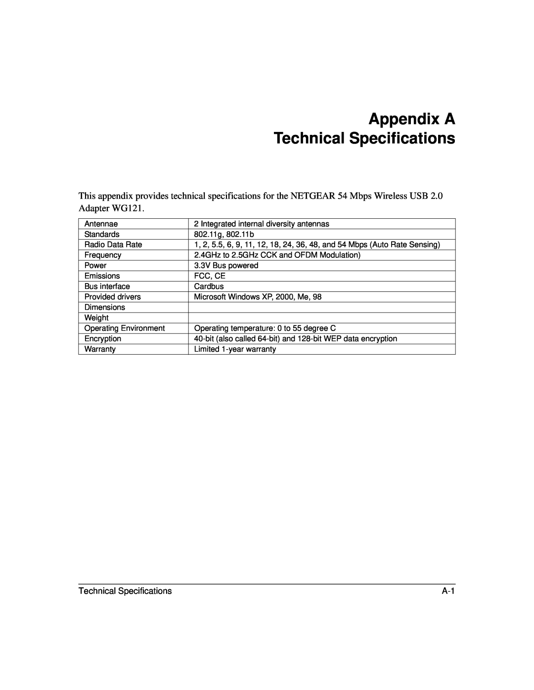 NETGEAR WG121 user manual Appendix A Technical Specifications 