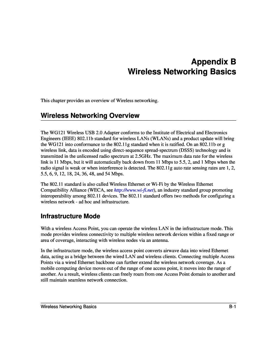 NETGEAR WG121 user manual Appendix B Wireless Networking Basics, Wireless Networking Overview, Infrastructure Mode 