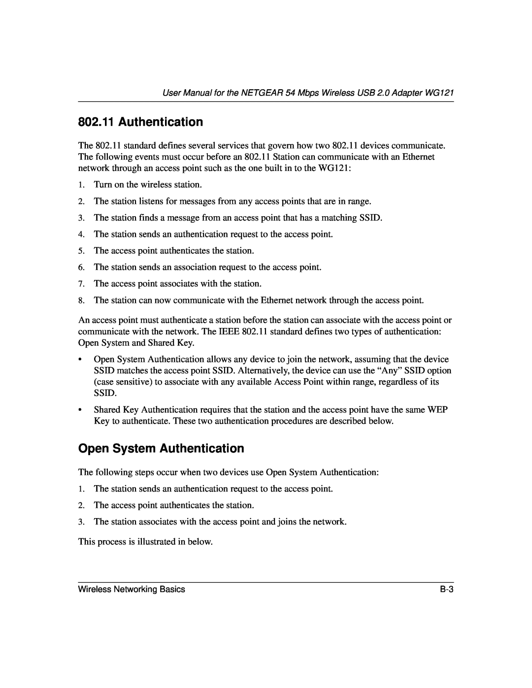 NETGEAR WG121 user manual Open System Authentication 