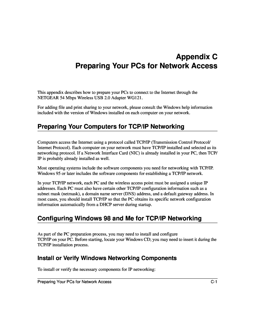 NETGEAR WG121 user manual Appendix C Preparing Your PCs for Network Access, Preparing Your Computers for TCP/IP Networking 
