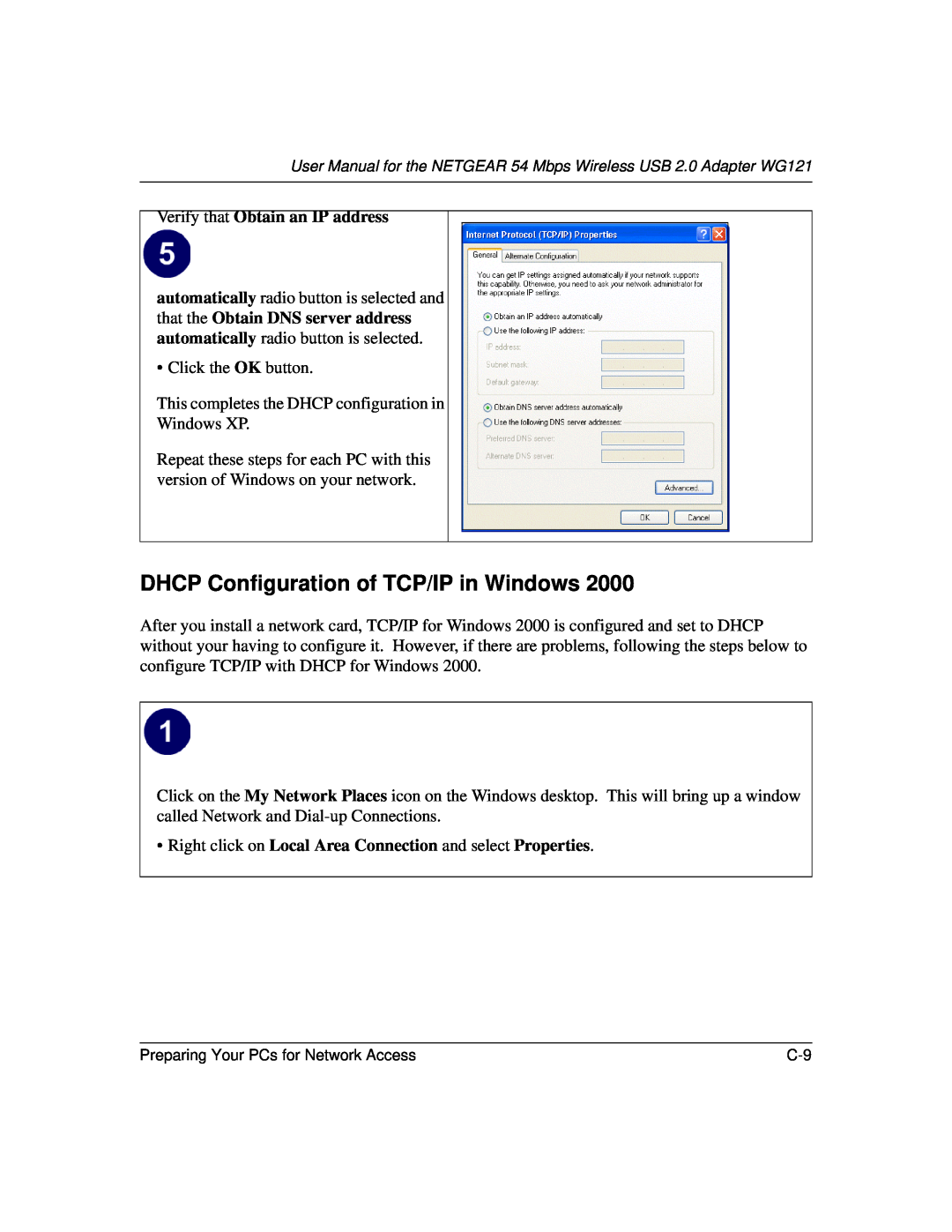 NETGEAR WG121 user manual DHCP Configuration of TCP/IP in Windows, Verify that Obtain an IP address 