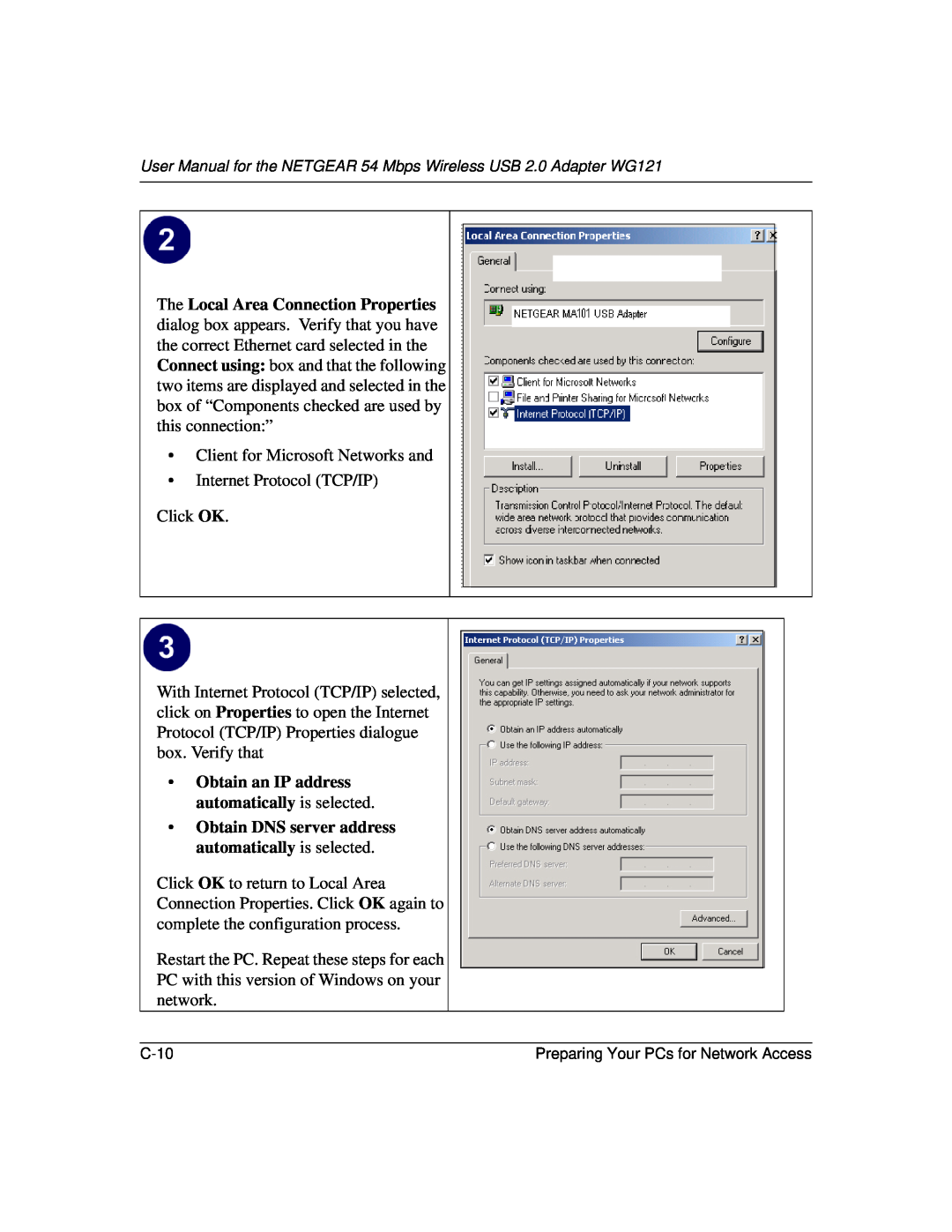 NETGEAR WG121 user manual Obtain an IP address automatically is selected 