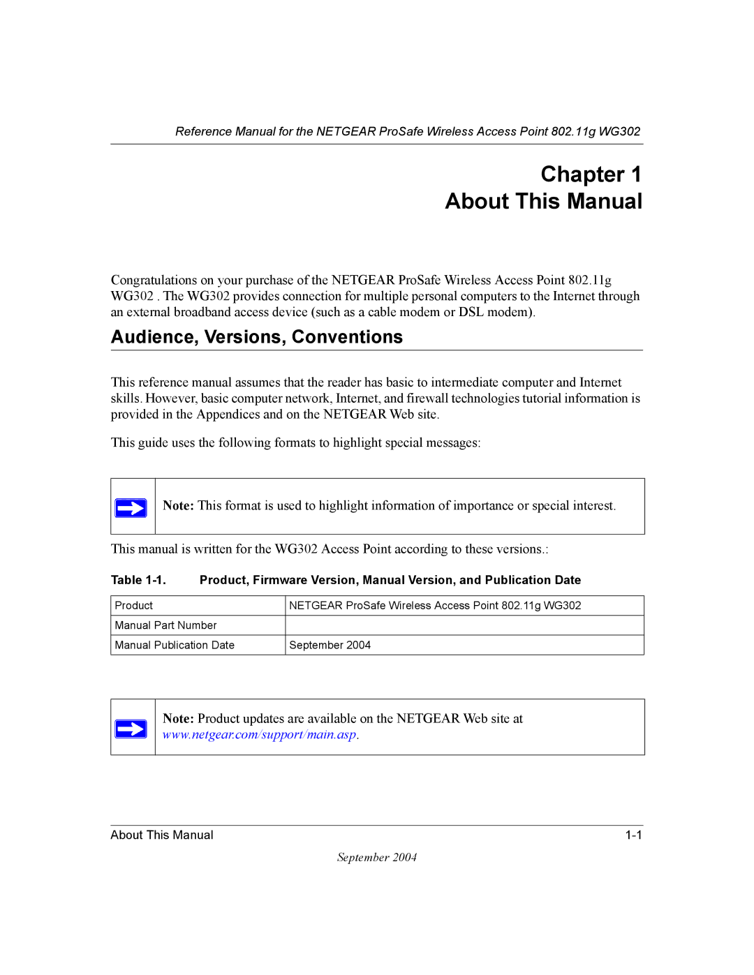 NETGEAR WG302 manual Chapter About This Manual, Audience, Versions, Conventions 