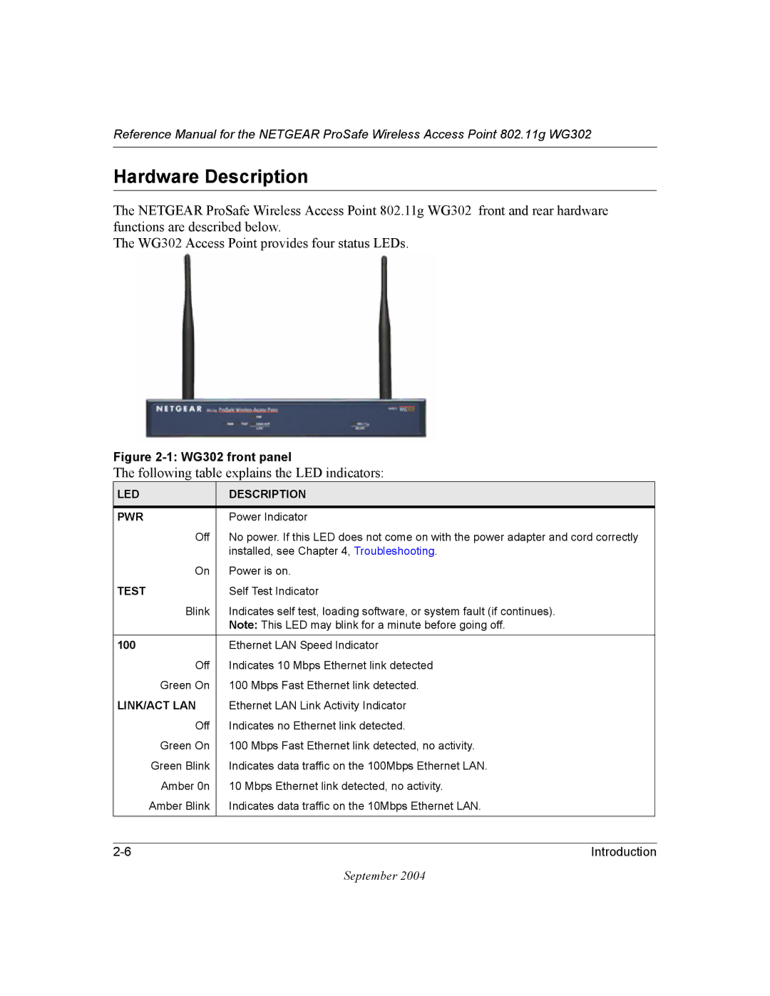 NETGEAR WG302 manual Hardware Description, Following table explains the LED indicators 