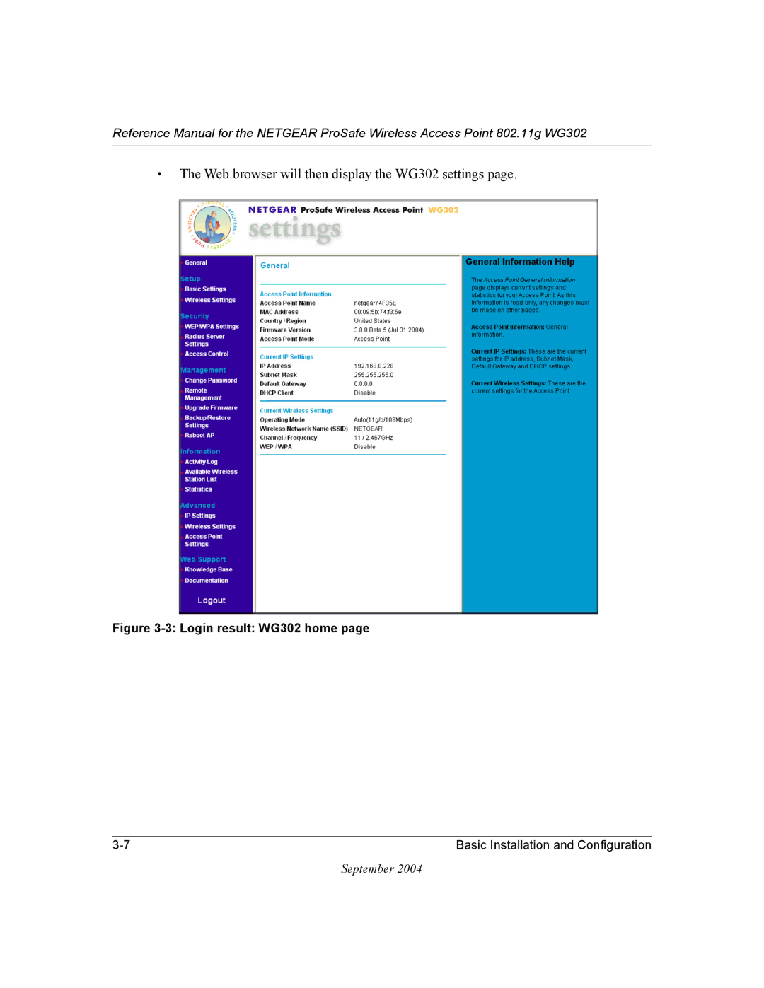 NETGEAR manual Web browser will then display the WG302 settings, Login result WG302 home 