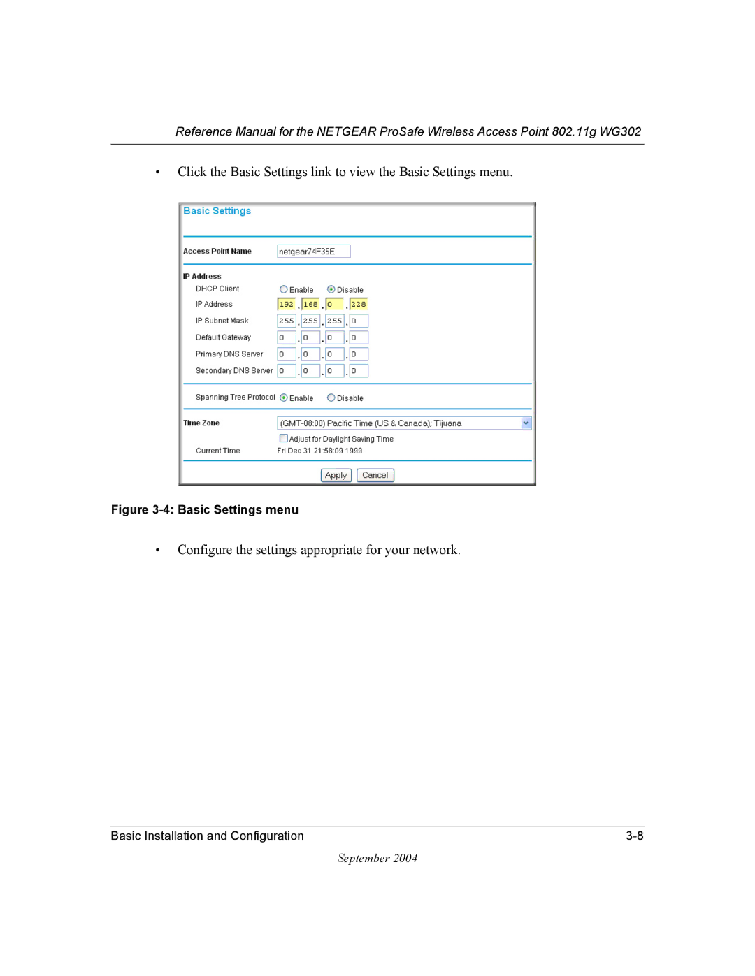 NETGEAR WG302 manual Configure the settings appropriate for your network, Basic Settings menu 