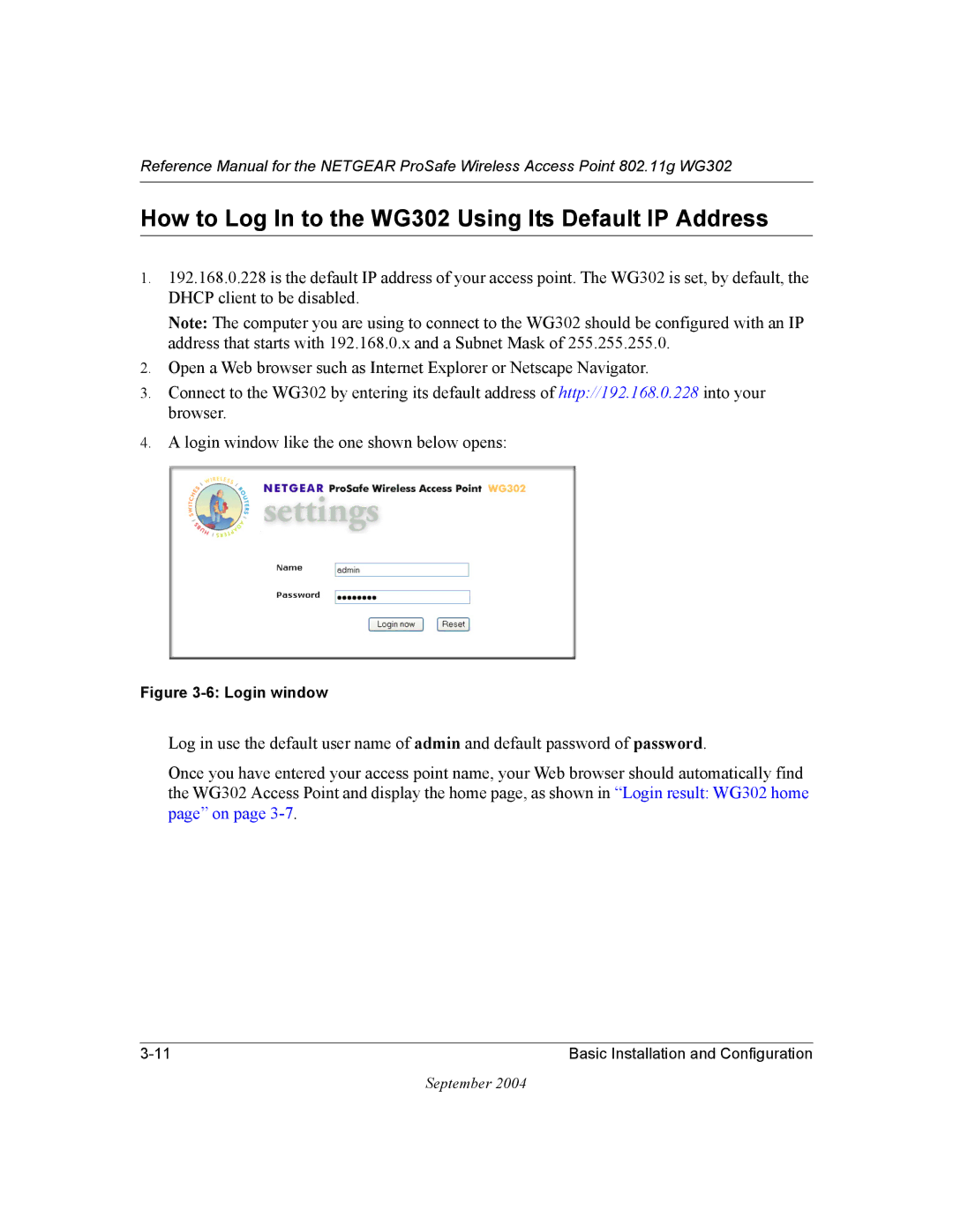 NETGEAR manual How to Log In to the WG302 Using Its Default IP Address, Login window 