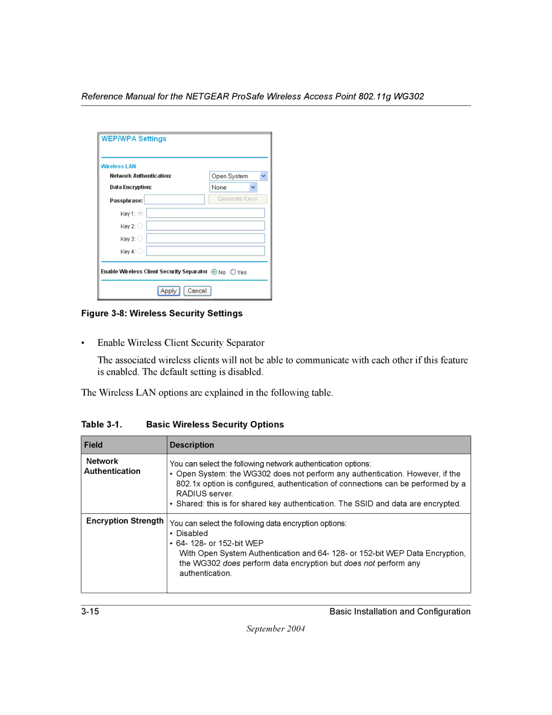 NETGEAR WG302 manual Wireless Security Settings 