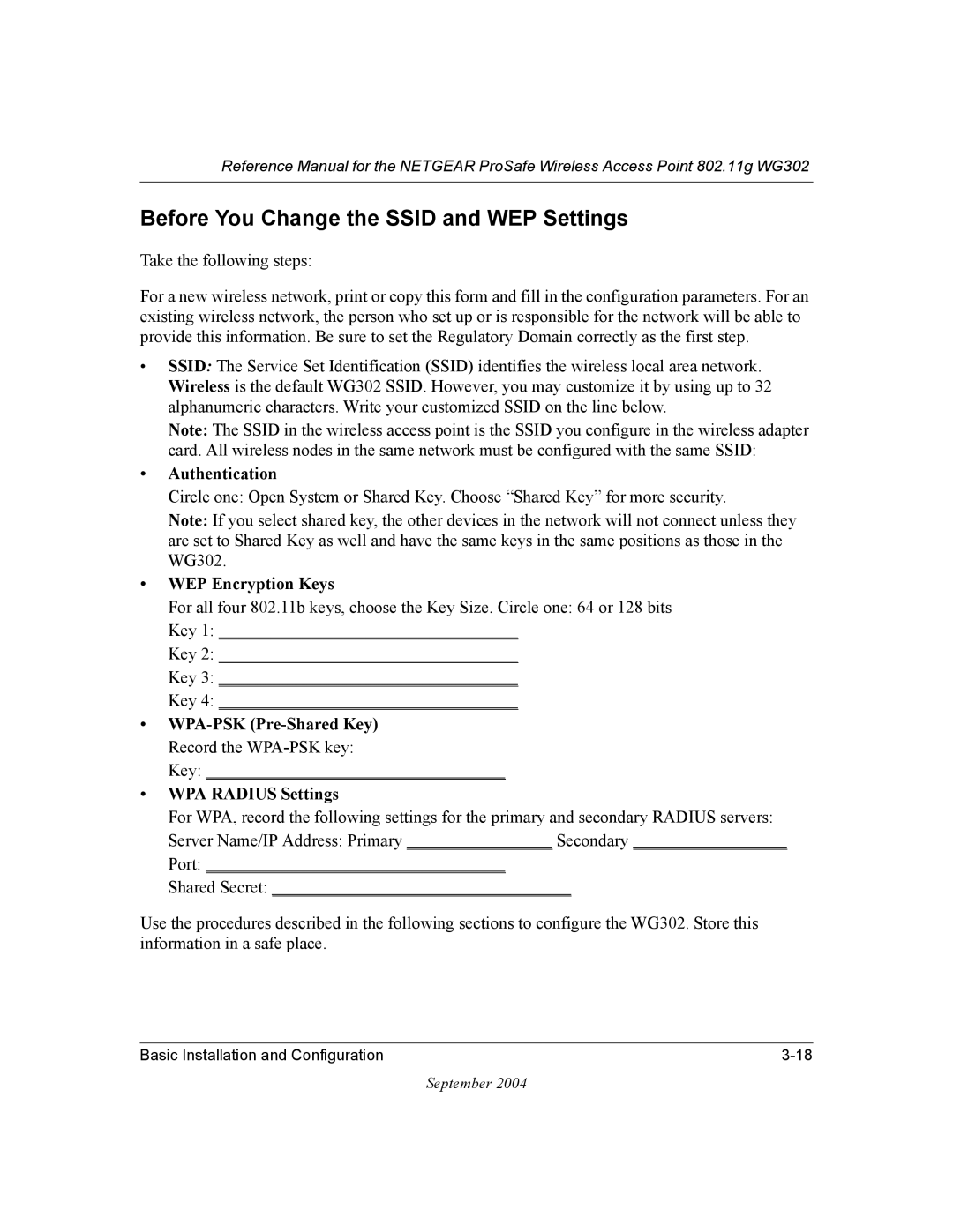 NETGEAR WG302 manual Before You Change the Ssid and WEP Settings, Key 