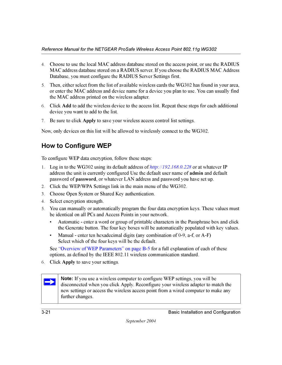 NETGEAR WG302 manual How to Configure WEP, To configure WEP data encryption, follow these steps 