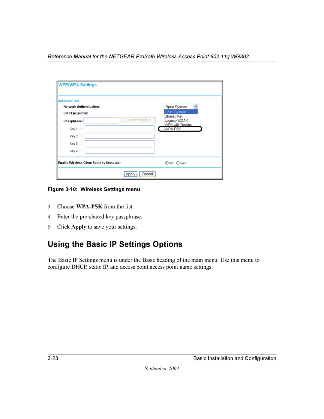 NETGEAR WG302 manual Using the Basic IP Settings Options, Wireless Settings menu 