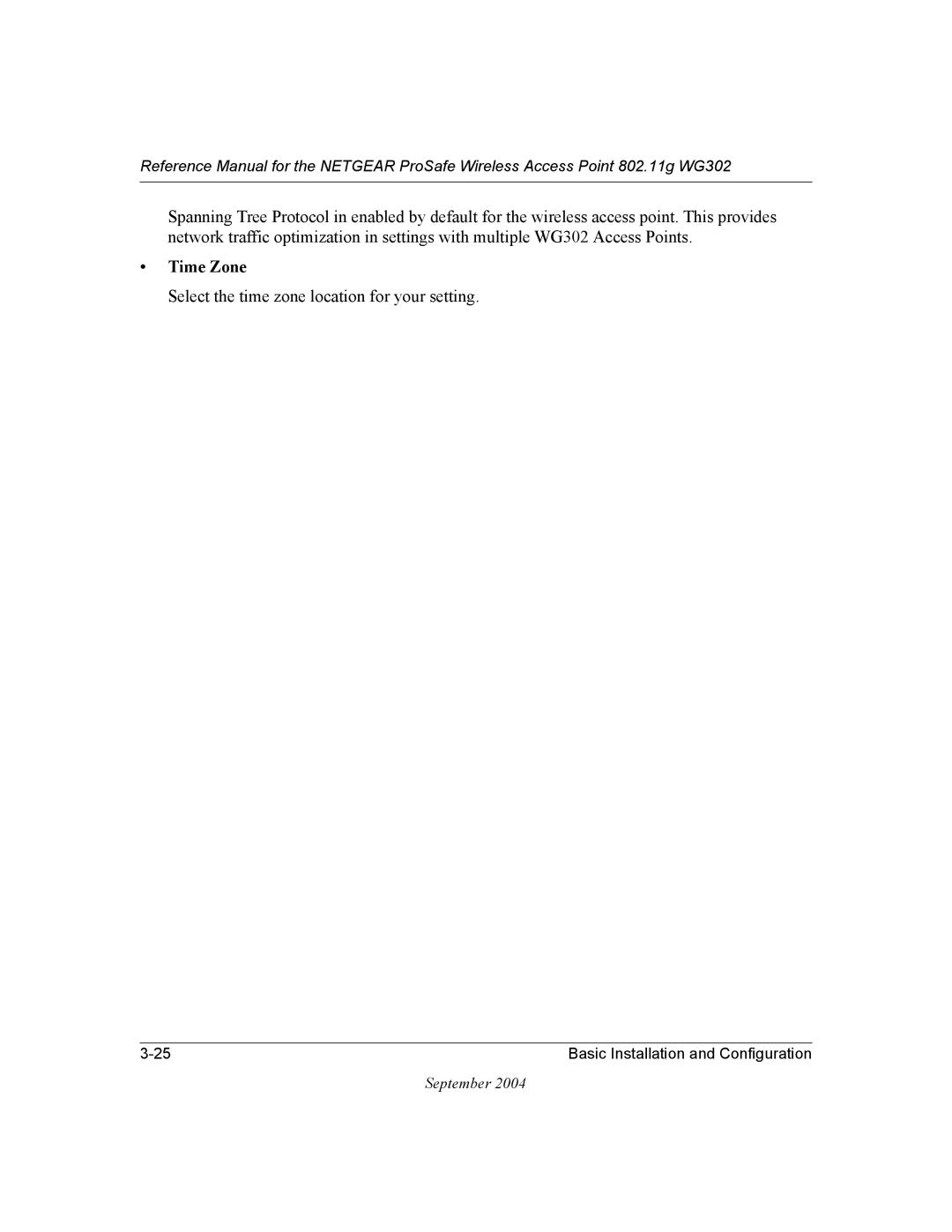 NETGEAR WG302 manual Time Zone, Select the time zone location for your setting 