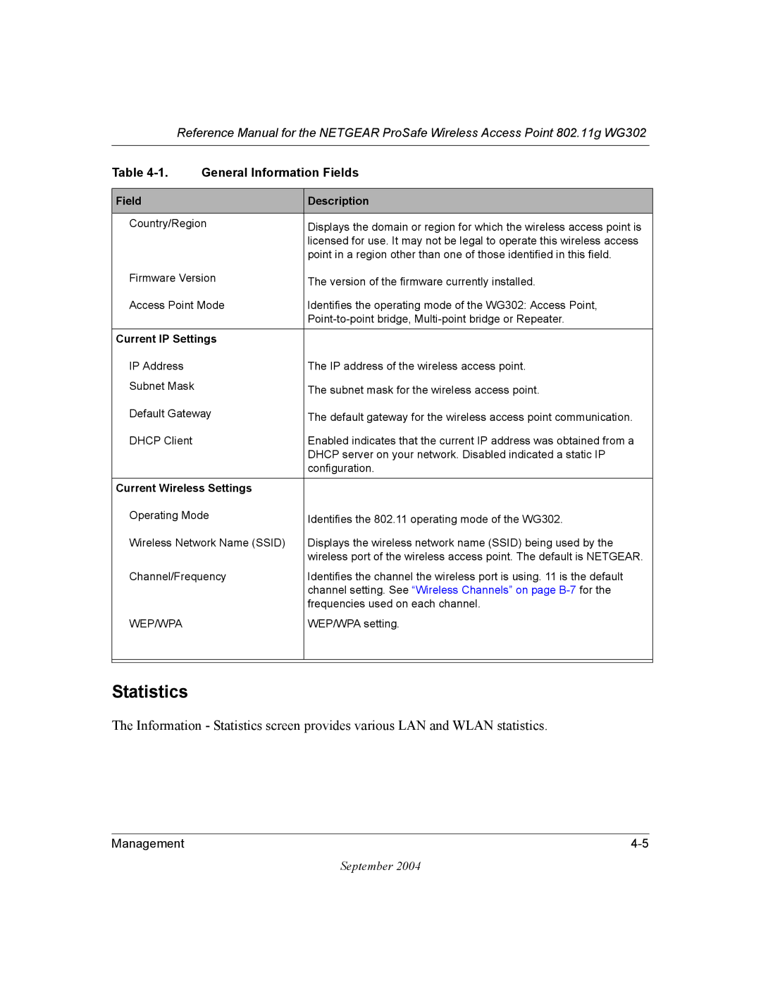 NETGEAR WG302 manual Statistics, Field Description 