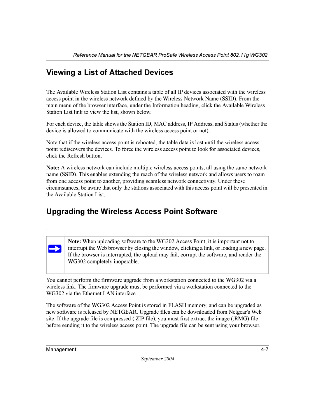 NETGEAR WG302 manual Viewing a List of Attached Devices, Upgrading the Wireless Access Point Software 