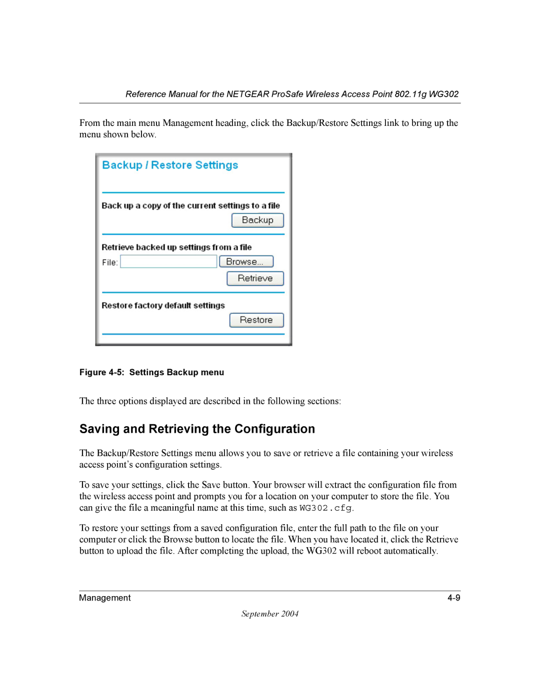 NETGEAR WG302 manual Saving and Retrieving the Configuration, Settings Backup menu 