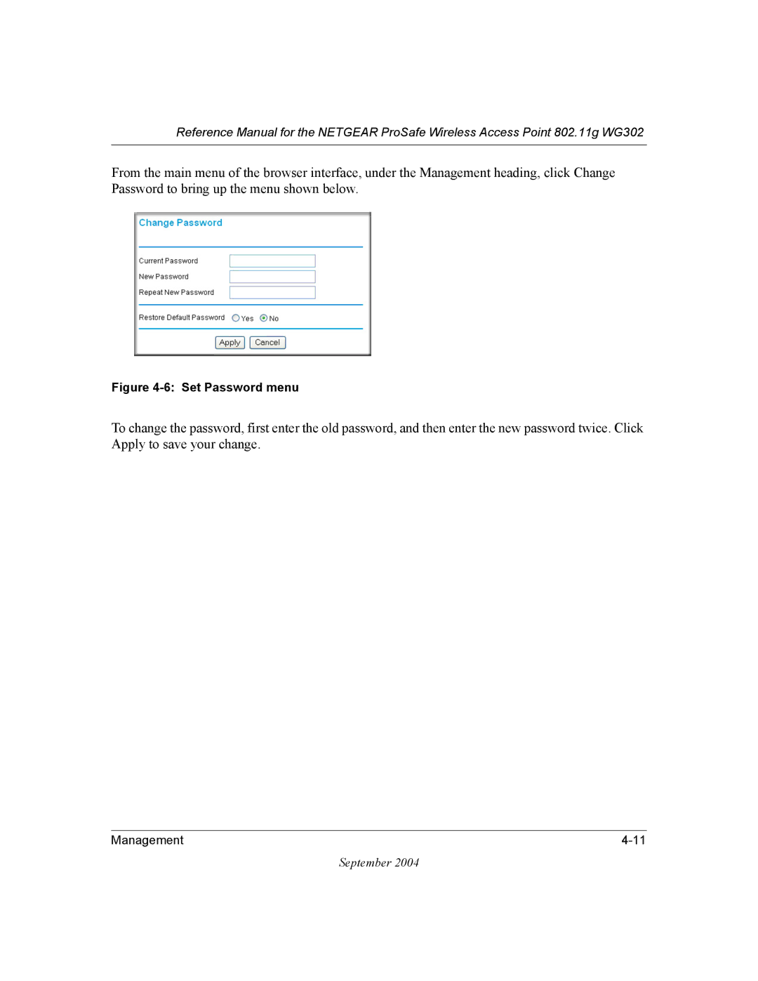 NETGEAR WG302 manual Set Password menu 