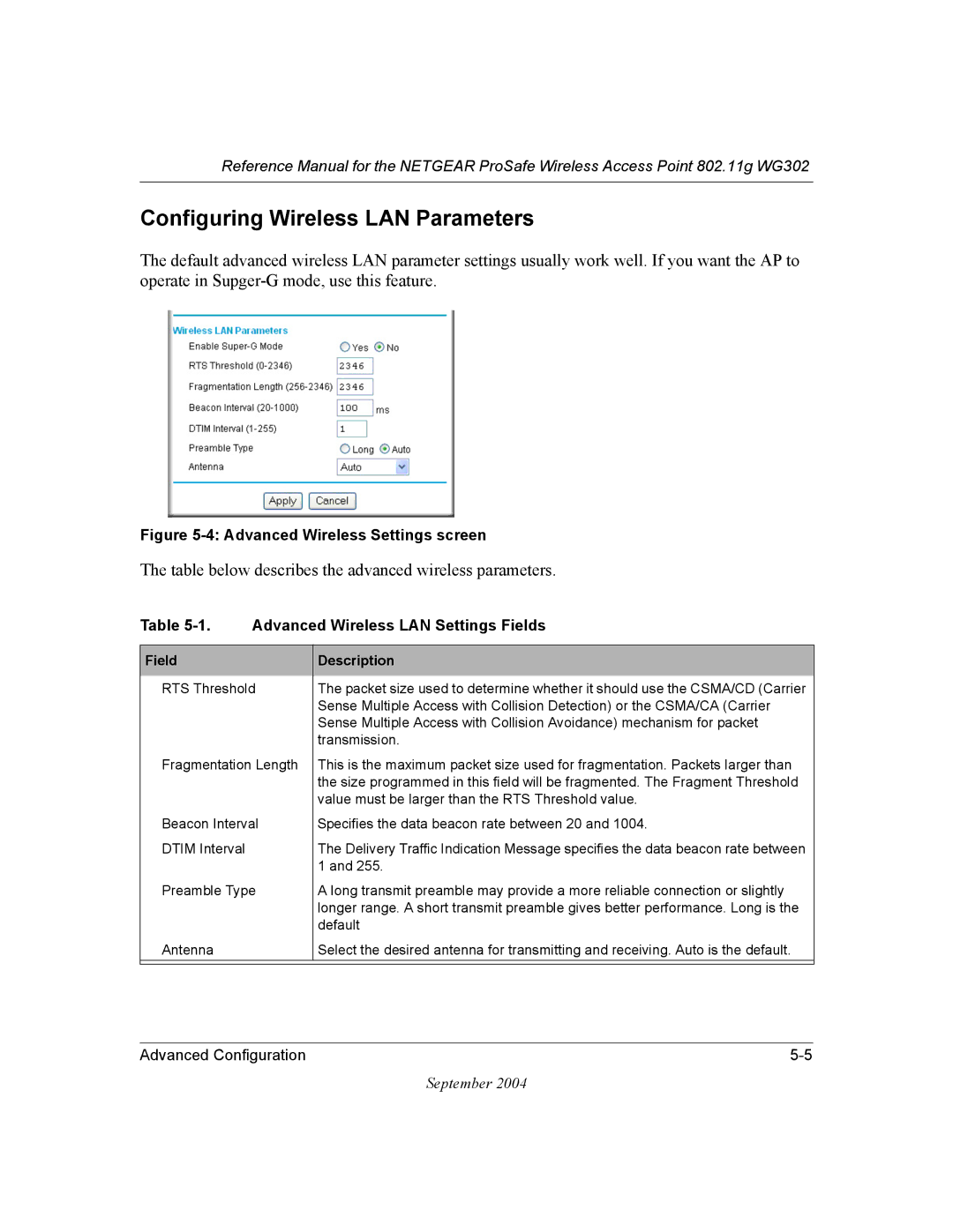 NETGEAR WG302 manual Configuring Wireless LAN Parameters, Table below describes the advanced wireless parameters 