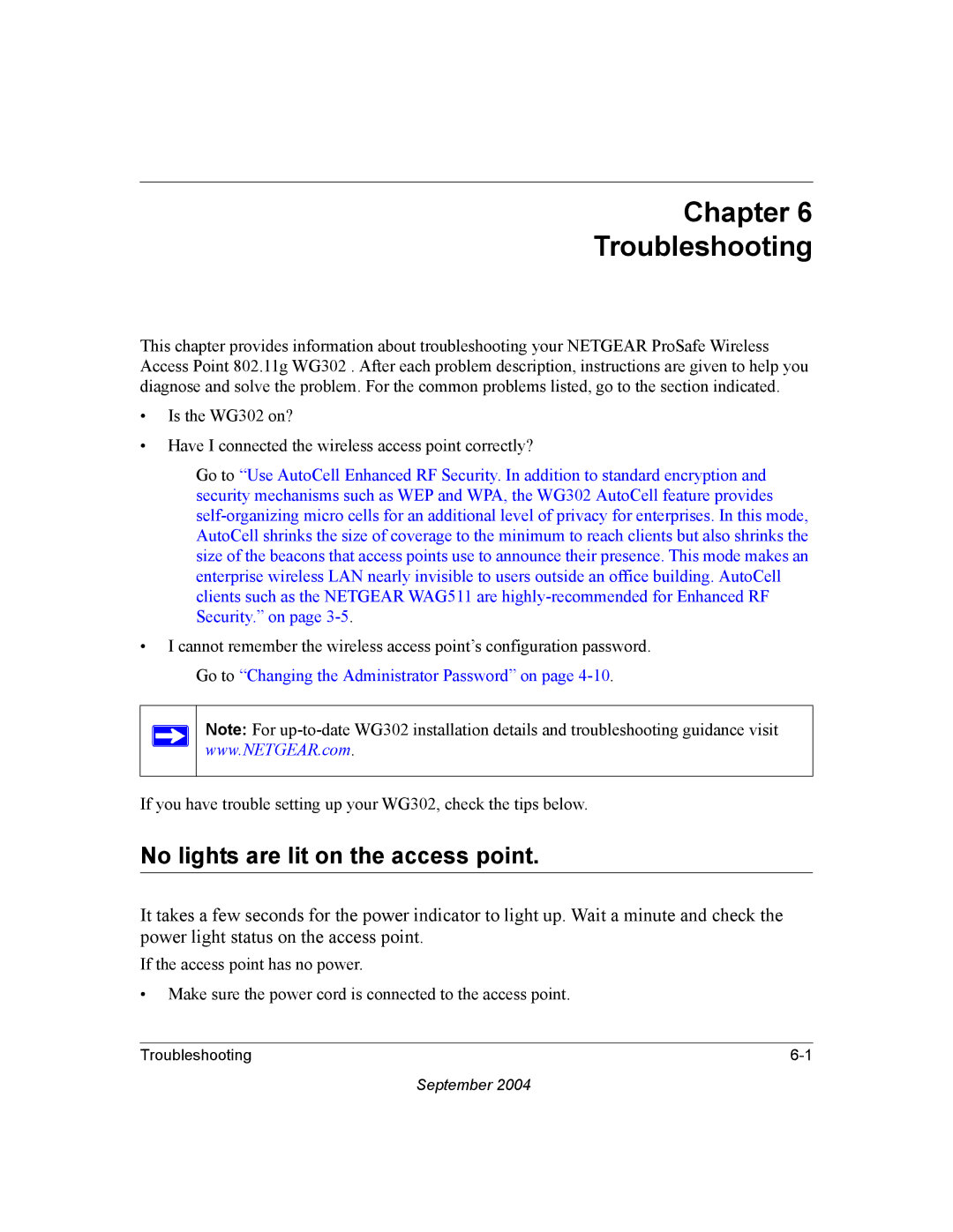 NETGEAR WG302 manual Chapter Troubleshooting, No lights are lit on the access point 