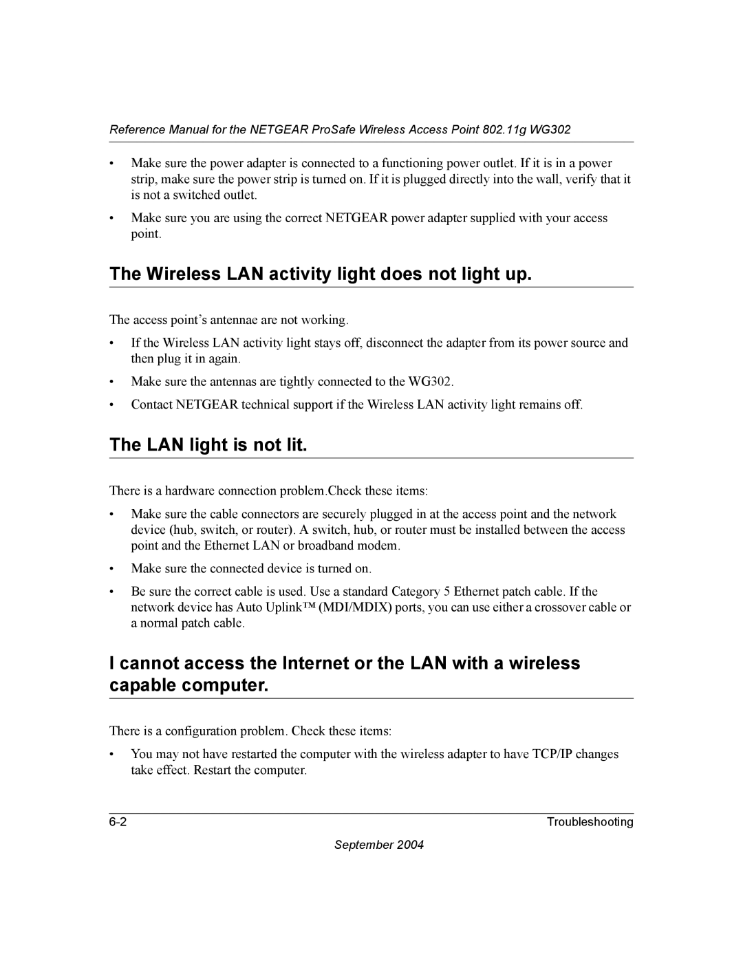 NETGEAR WG302 manual Wireless LAN activity light does not light up, LAN light is not lit 